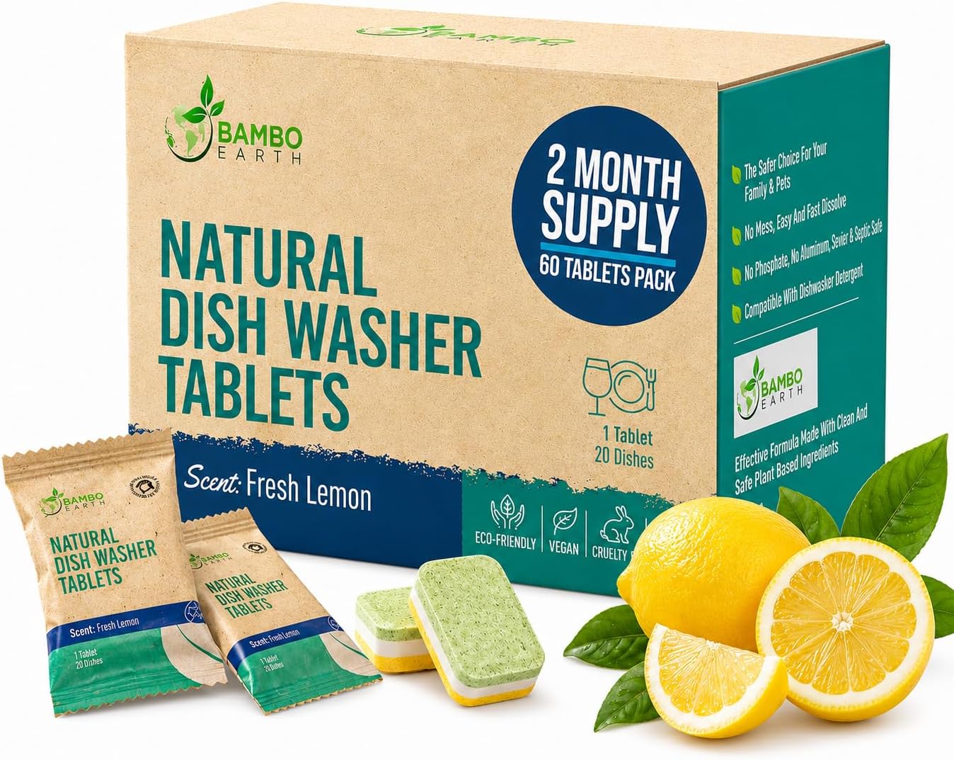 Natural Dishwasher Detergent Tablets - Plant Based Alternative Refill Pack Dishwashing Tabs - Eco-Friendly And Plastic Free Way To Cleaner Dishes - 30/60/90 Refills Dish Washer Soap Pods (60 Pack)