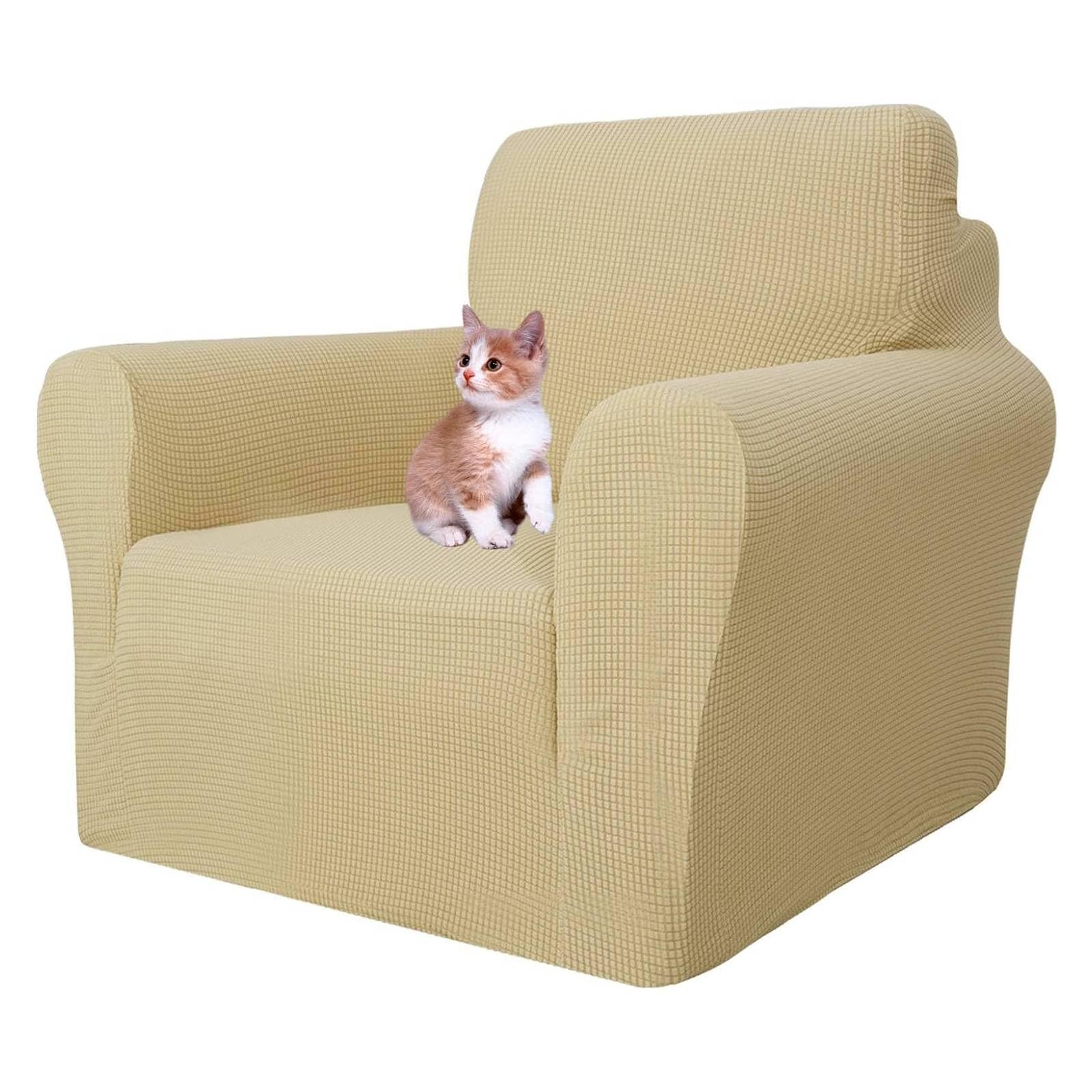 MAXIJIN Super Stretch Chair Covers for Living Room, 1-Piece Universal Chair Slipcover with Arms Jacquard Spandex Chair Protector Dogs Pet Friendly Sofa Couch Armchair Cover (1 Seater, Beige)