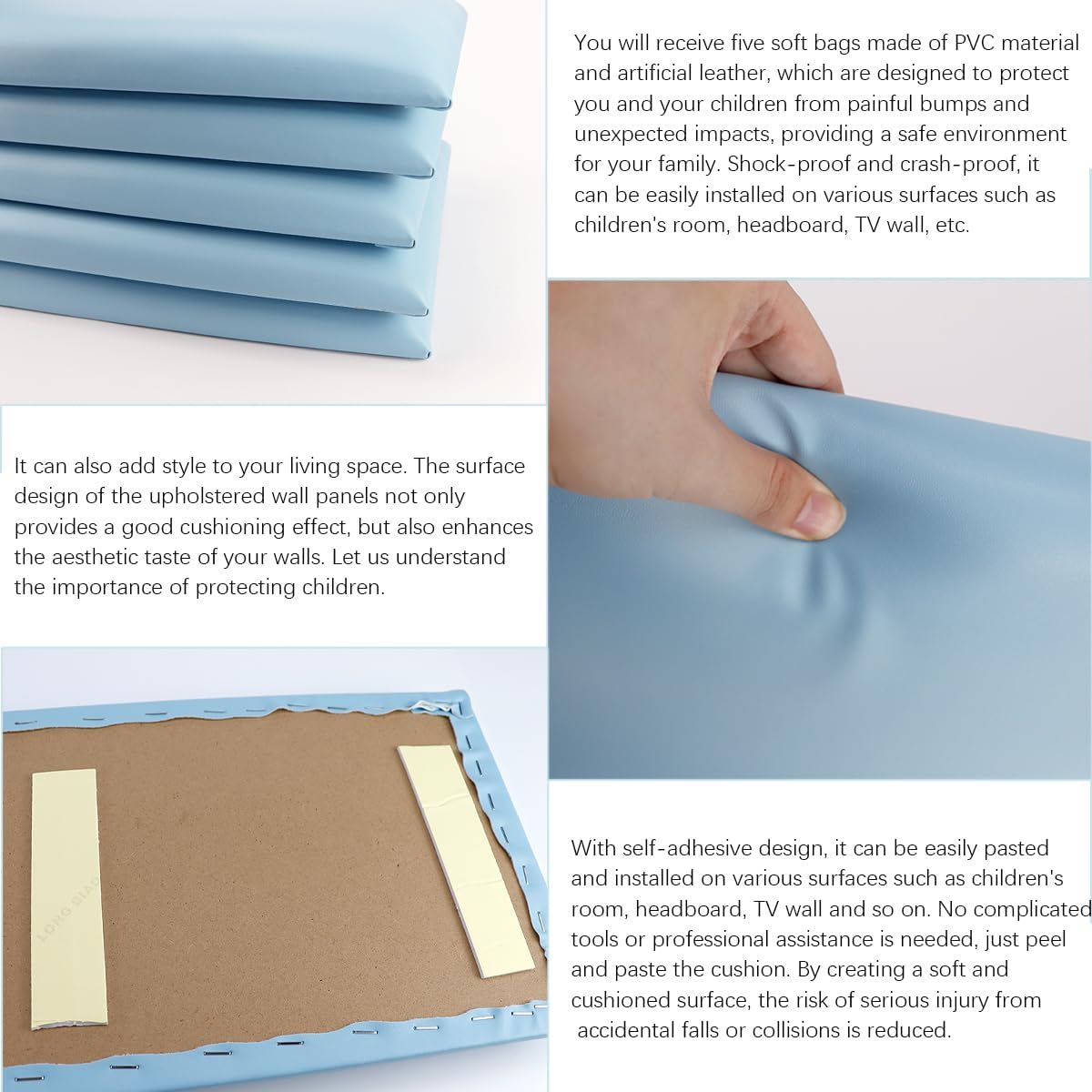 3D Anti-Collision Wall Padding Reusable and Removable Padded Wall Panel for Bedroom, Children's Room, 19.7" x 39.4", Pack of 5