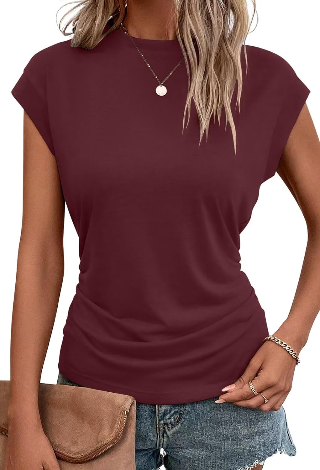Bliwov Womens Summer Tops Cap Sleeve Crew Neck T Shirts Spring Trendy Fashion Outfits Business Beach Vacation Blouses Clothes