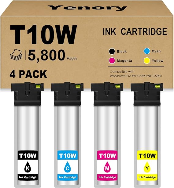 Remanufactured T10W Ink Cartridge (4-Pack C M Y BK ) For T10w1 T-10W Ink Cartridges T10W100 T10W200 T10W300 T10W400 Compatible With Workforce Pro WF-C5390 WF-C5890 WFC5390 WFC5890 Color Printers
