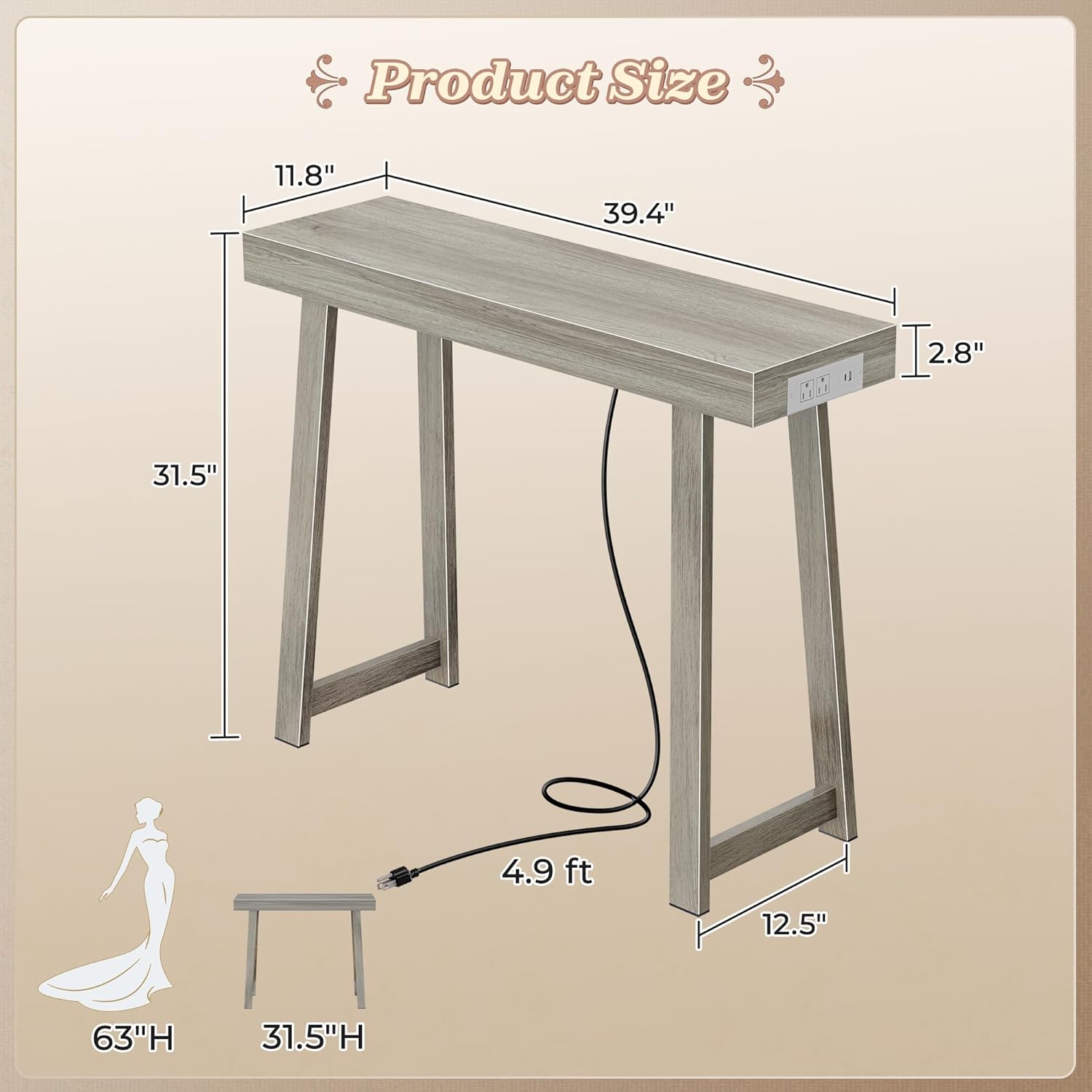 huuger entryway console table with charging station, usb-c port, 39.4 inch sofa table with metal legs, entry hallway table with thicker desktop, modern behind couch table, grey 12.5"d×39.4"w×31.5"h grey