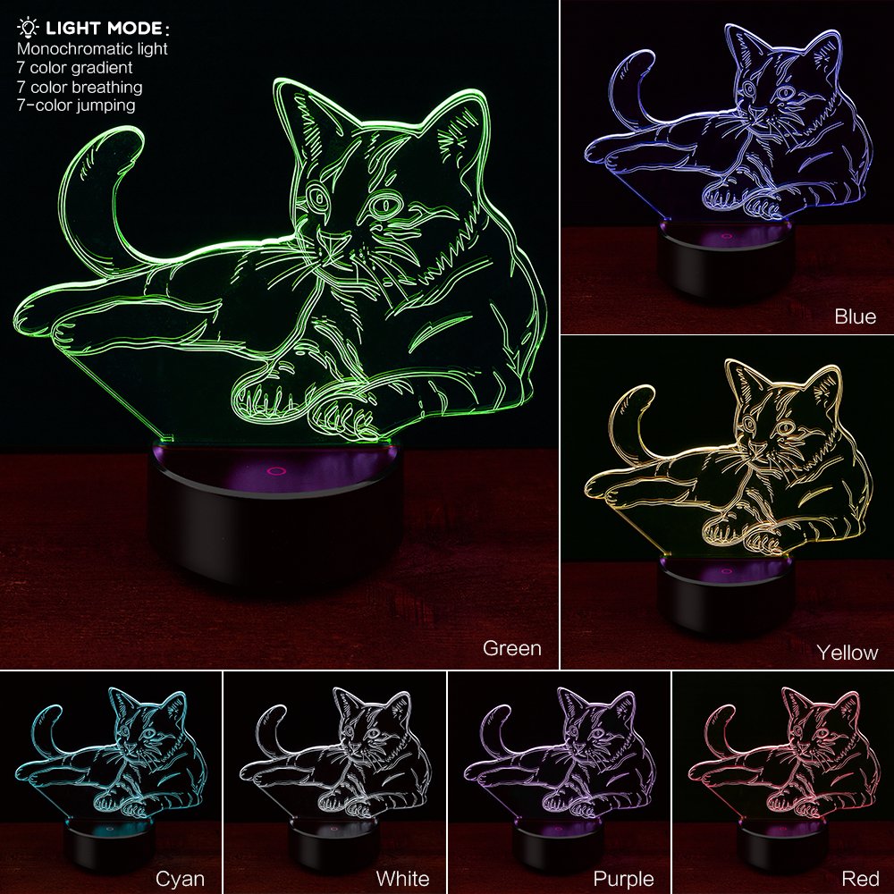 BEISHIDA Night Light 3D Pet Cat 3D Lamp Optical Illusion Nightlight Animals Bedside Lamp 7 Colors Changing LED Lamps with Remote Birthday Gifts for Girls Kids Baby Boys and Room Decor (Pet cat)