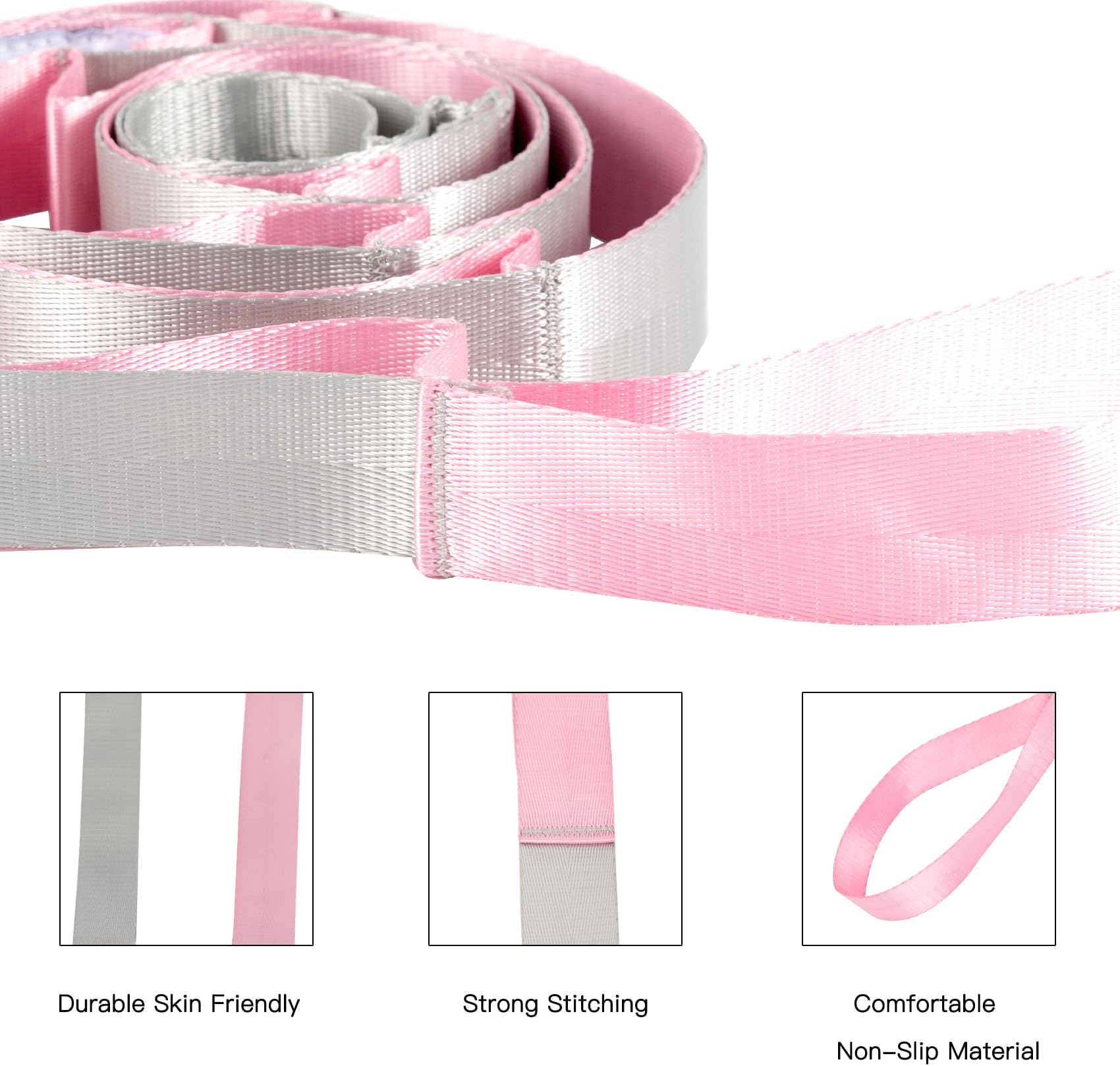 Stretching Strap Yoga Strap for Physical Therapy,10 Loops Yoga Straps for Stretching,Non-Elastic Stretch Strap for Pilates, Flexibility, Exercise, Stretch Band Women Men (Pink&Silver)
