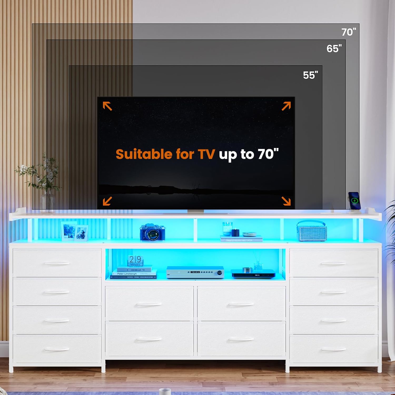 BTHFST 12 Drawers TV Stand Dresser for 65/70 inch TV, Entertainment Center with LED Lights & Power Outlets, 63" Large LED TV Stand, TV Console for Bedroom