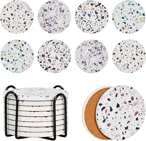 Juvale Juego de 8 posavasos redondos de cerámica de terrazo con soporte y base de corcho, regalos de inauguración de la casa (4 pulgadas) disponible en Yaxa El Salvador