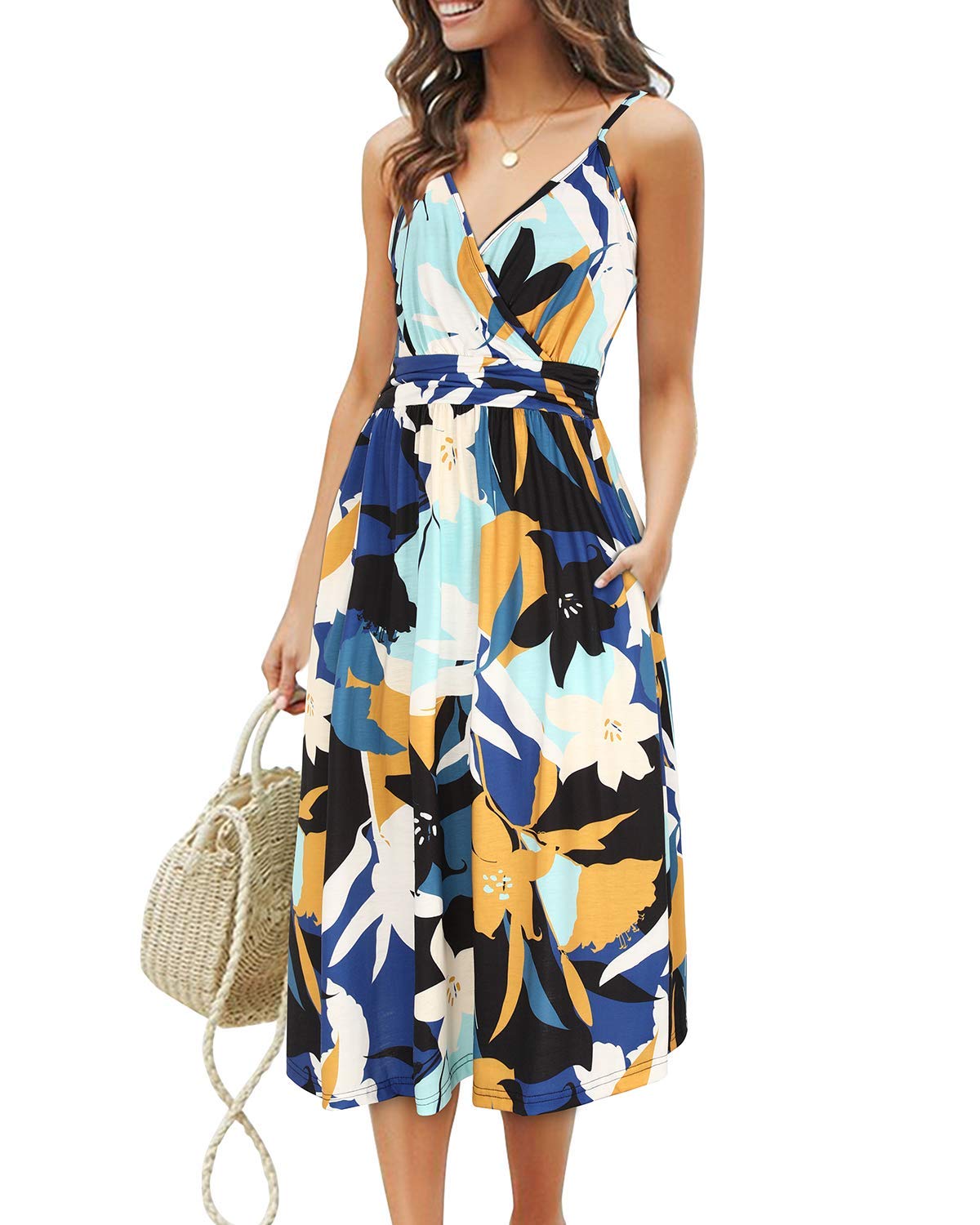 OUGESWomen's Summer Short Sleeve V-Neck Floral Short Party Dress with Pockets