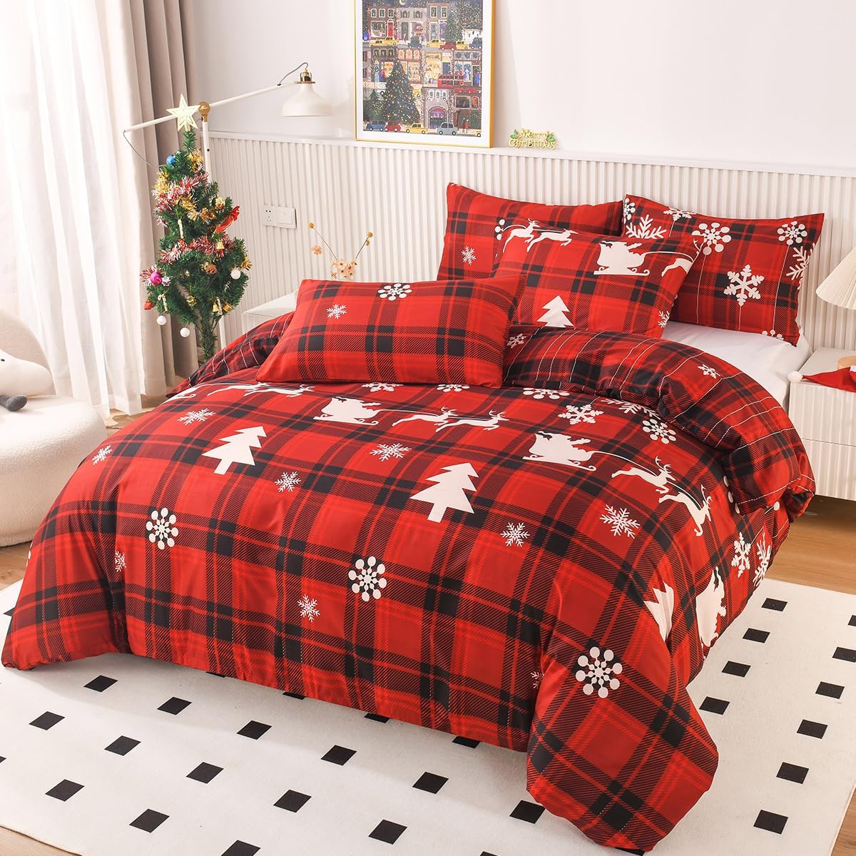 Mengersi Christmas Duvet Cover Set Full Size,Christmas Tree Snowflake Duvet Cover Check Printed Christmas Plaid Duvet Cover Comforter Cover Set for New Year Holidy Xmas Gifts