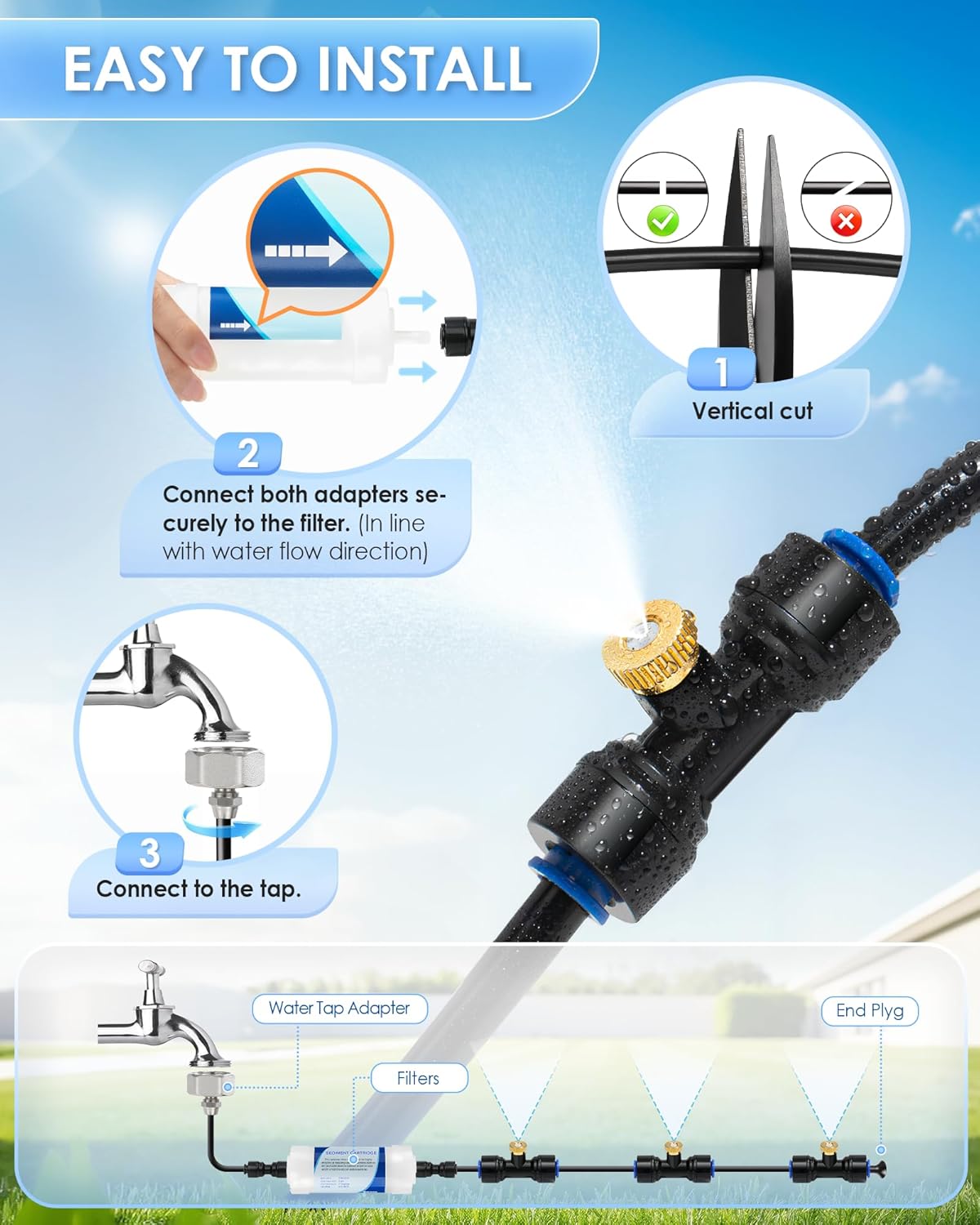 59FT Pre-Assembled Outdoor Misting Cooling System, Nelyeqwo Patio Misters with Water Filter 20 Brass Nozzles 3/4" Adapter Outdoor Misters for Patio Garden, Greenhouse, Trampoline, Backyard, Porch