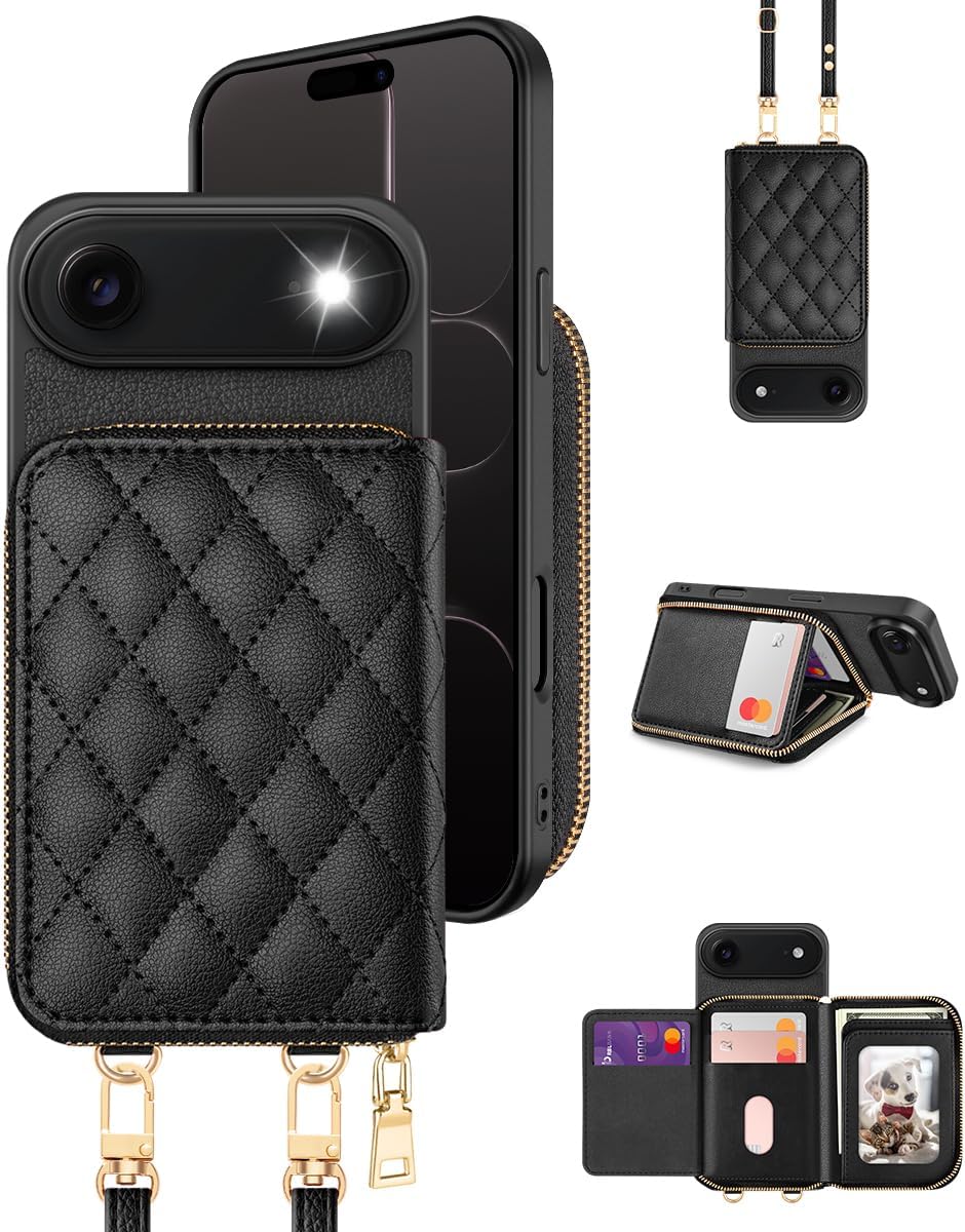 OCASE Compatible with iPhone 17 Pro Max Crossbody Wallet Case with Card Holder, PU Leather Zipper Handbag Phone Purse with RFID Blocking Kickstand Wrist Strap Lanyard 6.9 Inch, Diamond Check White