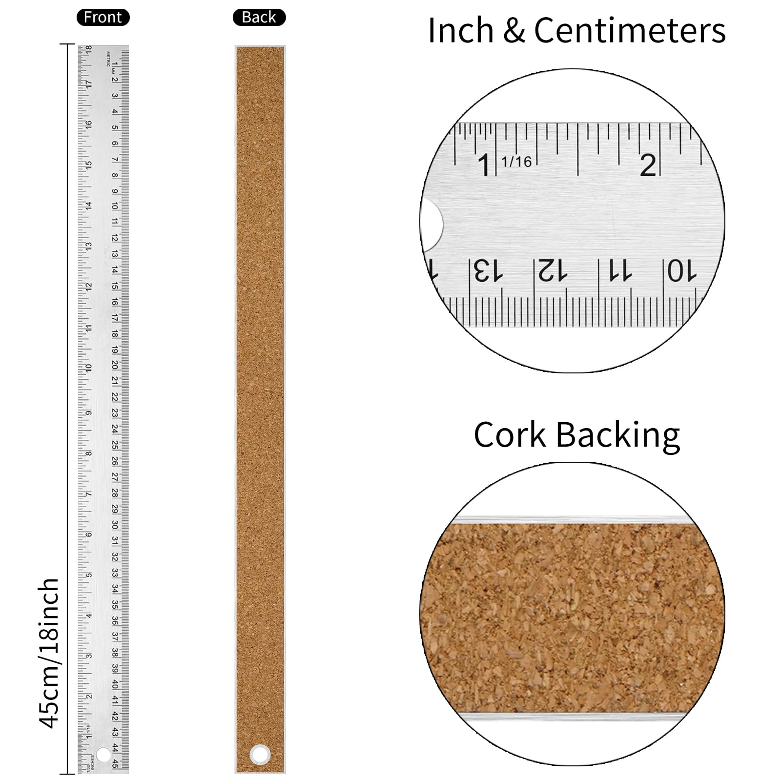 Righello in metallo con retro in sughero, 45,7 cm, righello in metallo da 45,7 cm, confezione da 2, imperiale e metrico, antiscivolo, previene perdite di inchiostro, per strumenti di ingegneria