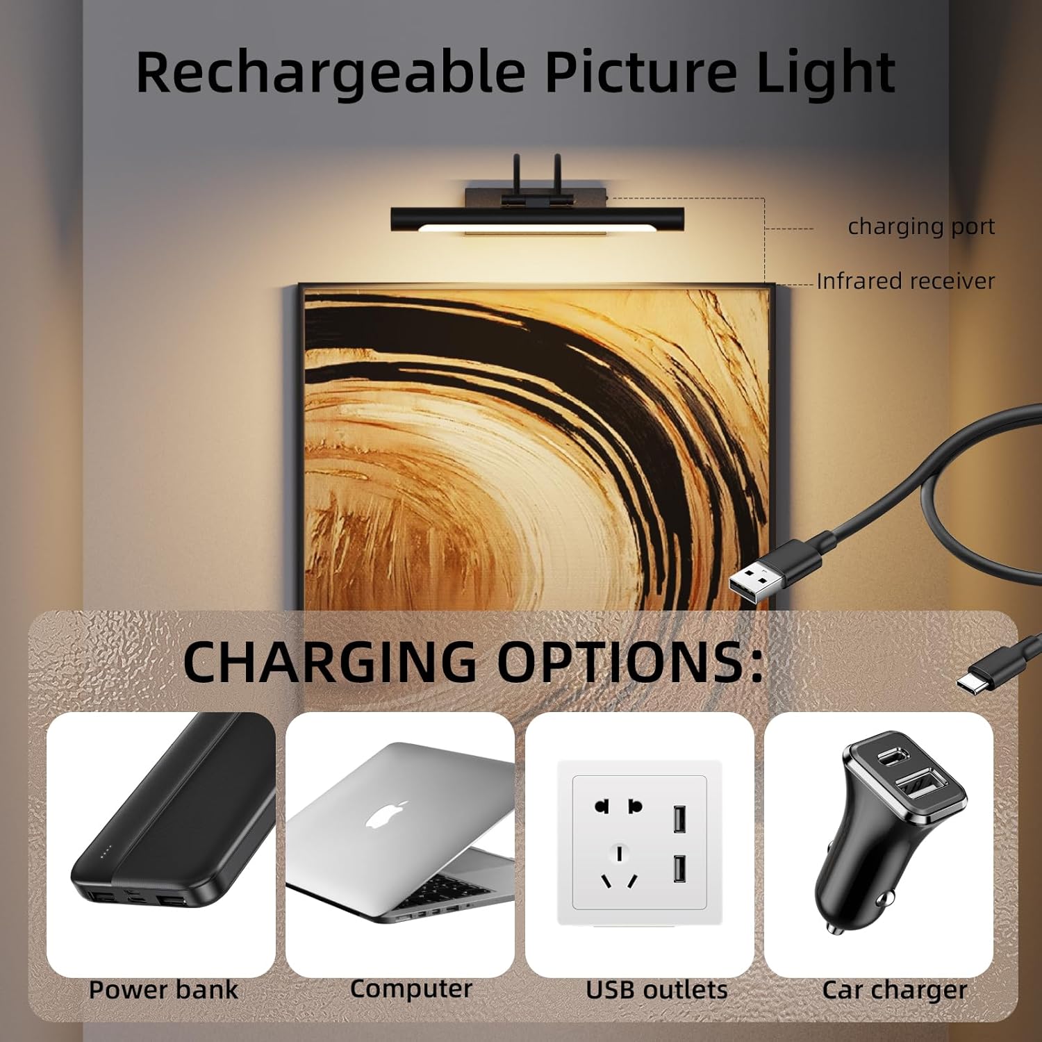 Picture Light,Wireless Rechargeable Gallery Light with Remote,5000mAh Dimmable Painting Rechargeable Picture Lights for Wall,12 inch Metal Picture Lights for Art,Paintings,Mirror,Black