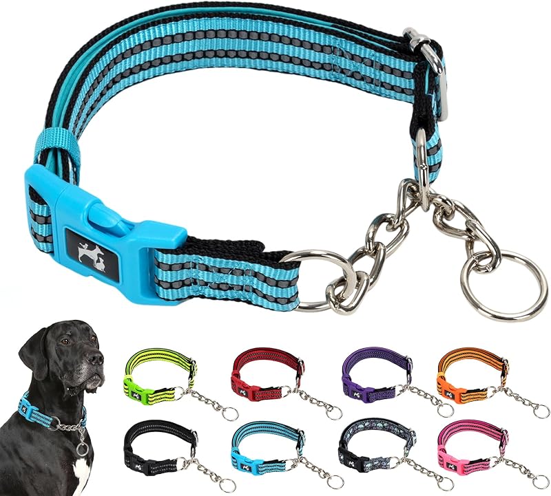 Coleira Martingale Azul com Corrente de Aço Inoxidável e Faixa Refletiva MAOWUWUJOZ para Cães Grandes e XL