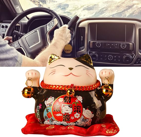 Jenngaoo Ceramic Waving Lucky Cat Figurine, 4.5 Inch Japanese Beckoning Maneki Neko Statue for Home Office Decor, Wealth & Good Luck Attraction, Black