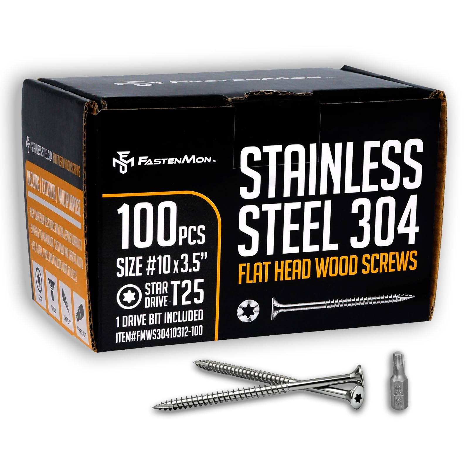 Fastenmon - Tornillos Autorroscantes para Cubierta de Acero Inoxidable Tipo 304 de 3-1/2 Pulgadas, Paquete de 100 Tornillos para Cubierta Oculta más una Broca T25 Star Drive