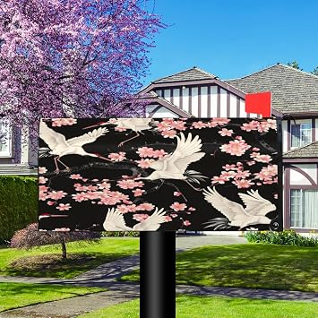 White Crane Cherry Blossom Mailbox Cover Standard Size 25.5" x 21", Waterproof with Magnetic Reusable Mail Box Covers, Letter Wrapped Decorative Cover for Outdoor Home Garden Patio Farms