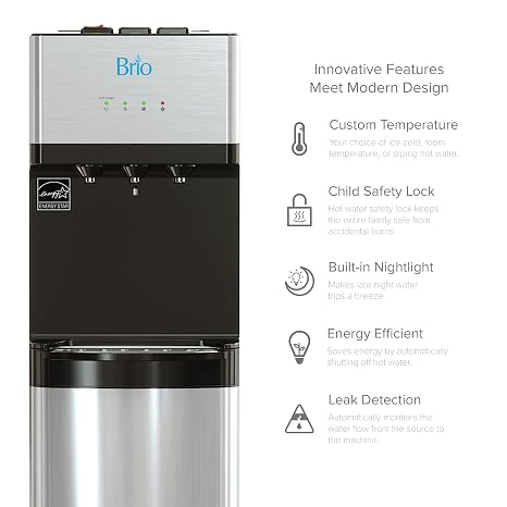 Brio 520 UV Self-Cleaning Bottleless Water Cooler Dispenser, UL Certified | Built-in 2 Stage Filtration (2 Free Replacement Filters Included) Reduces PFAS & Microplastics | 3 Temp (Hot Cold, Room)