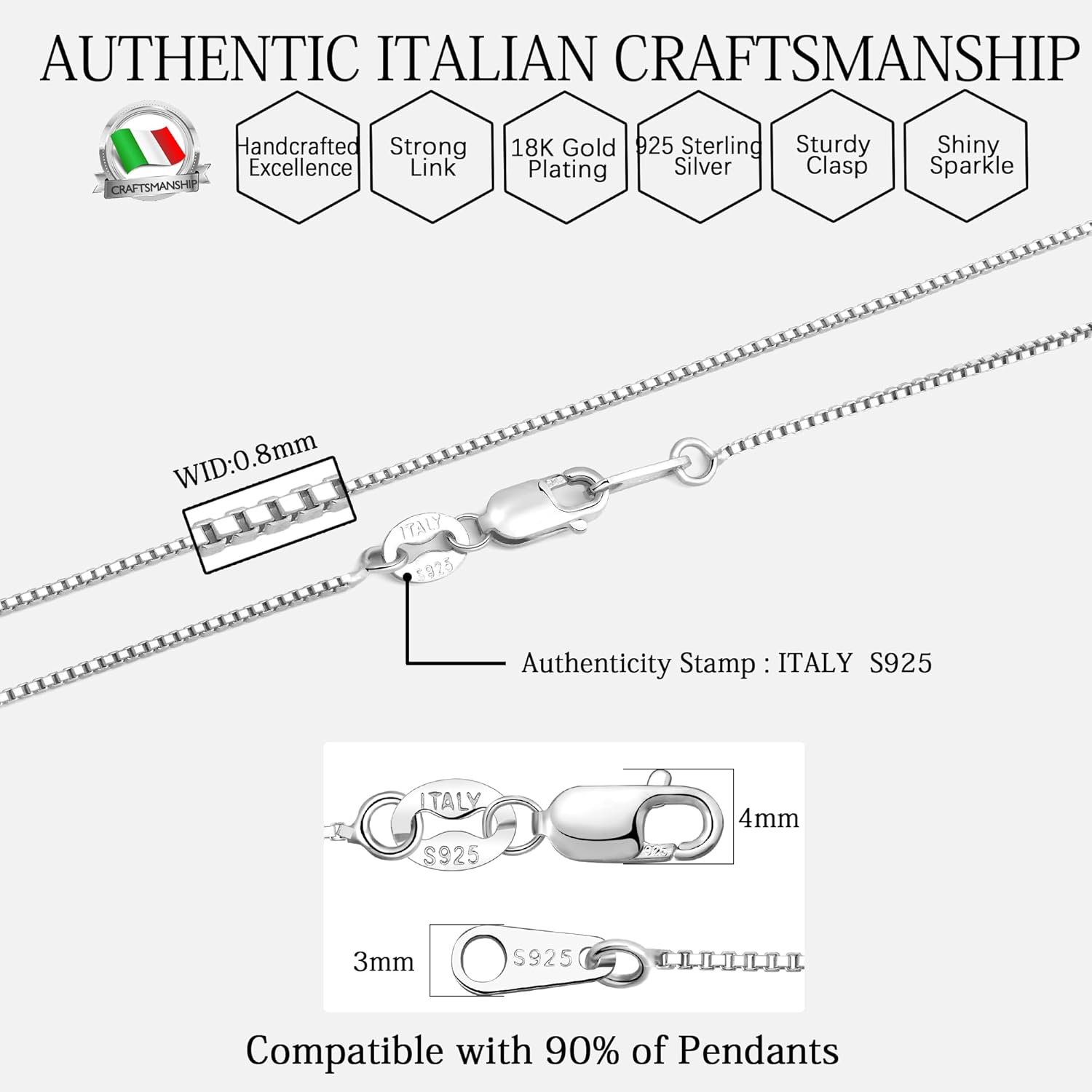 Italian 1.2/1.0/0.8mm 925 Sterling Silver Box Chain Necklace for Women, Solid 18K Gold Plated Nickel-Free Hypoallergenic Thin & Dainty Women's Chain Necklaces 14 16 18 20 22 24 Inch - Image 8