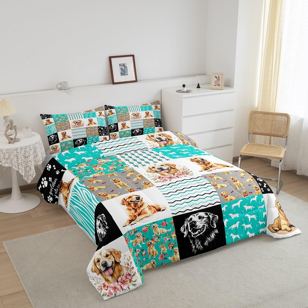 Cute Golden Retriever Comforter Set for Kids Boys Girls,Lovely Puppy Pet Bedding Queen Size,Kawaii Dog Paw Quilt for Dog Lover,Farmhouse Flower Animal Duvet Insert with 2 Pillowcases