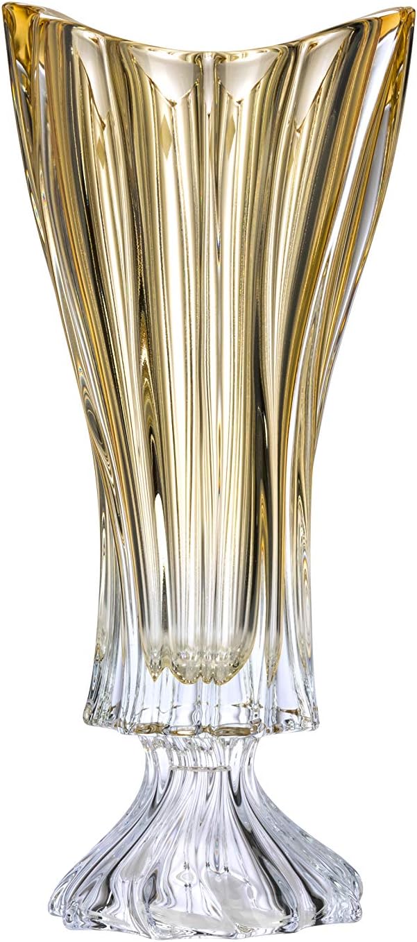 Bohemian Crystal AU52067, 16" Crystal Footed Bud Vase, Plantica Amber Sprayed Flower Jar