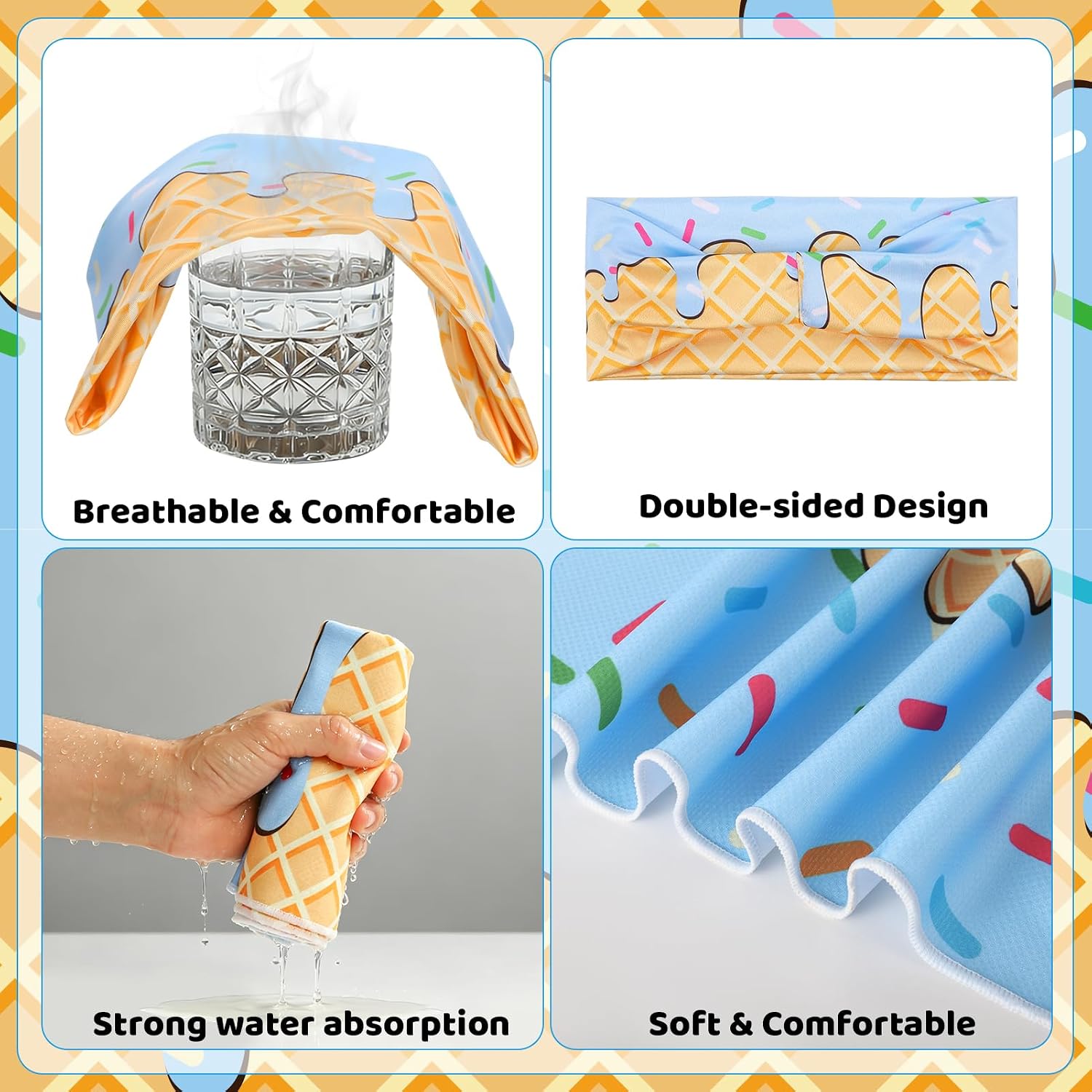 4 Pcs Ice Cream Drip Baseball Accessories Baseball Headband and Wristbands, Cooling Towel, Beaded Necklace Gift for Youth Teen Athletes Football Basketball Running Gym Party Favors