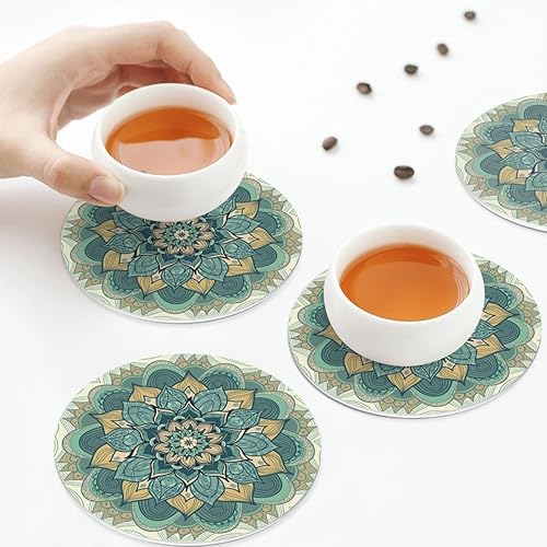 Miniatura 6 de Juego de 6 posavasos de cuero con mandala bohemios, color verde salvia, posavasos redondos resistentes antideslizantes, tapete de mesa