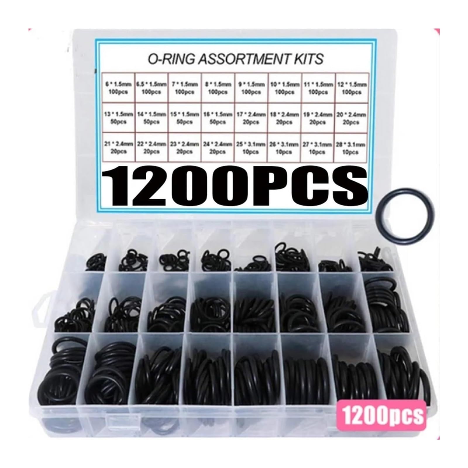 O-ring Gumowe uszczelki Zestaw pierścieni uszczelniających O-ringi z gumy nitrylowej Uszczelniająca gumka O Zestaw gumowych pierścieni(1200PCS)