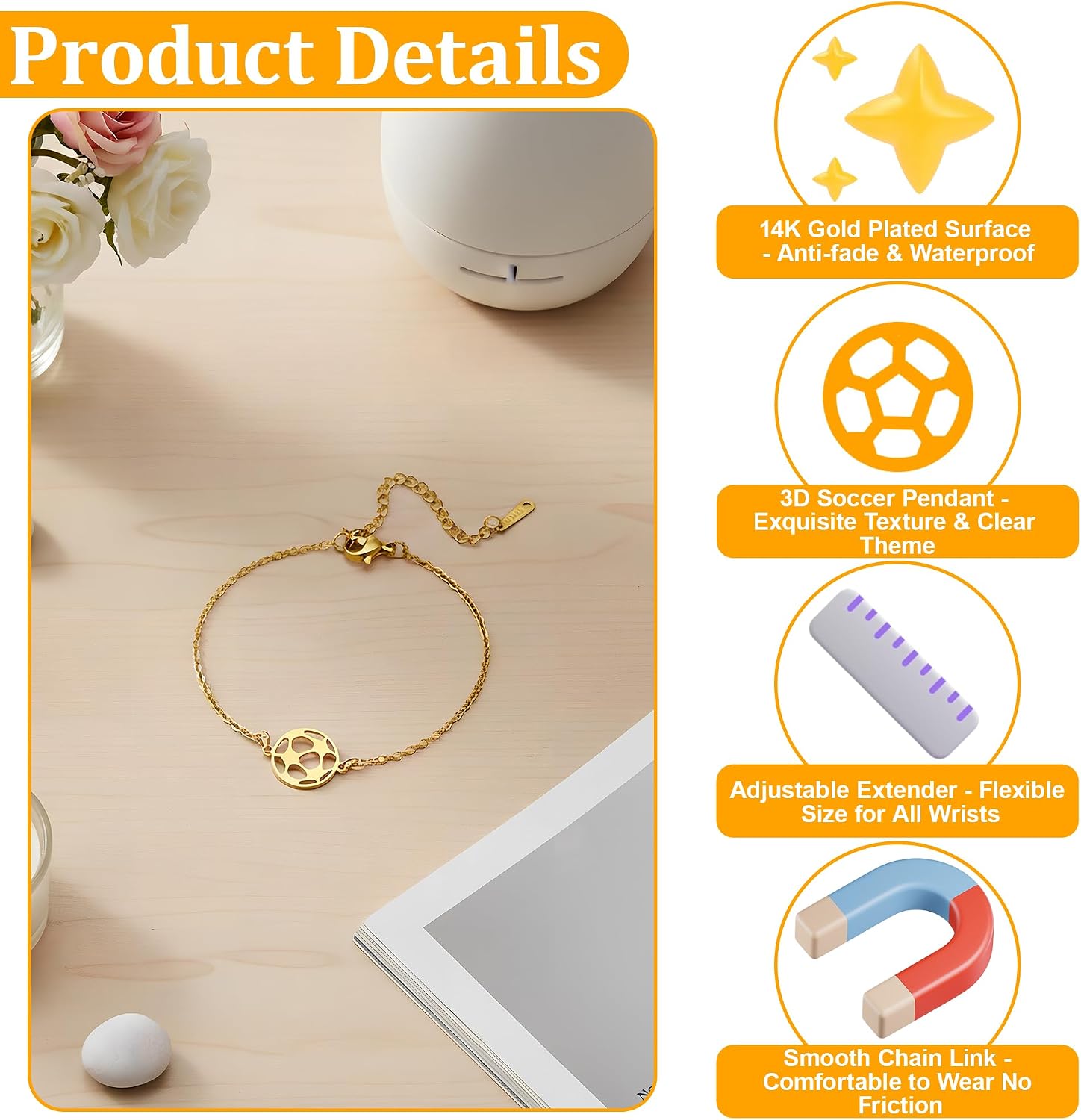 14K Gold Plated Soccer Bracelet for Women - Adjustable Hypoallergenic Football Charm, Soccer Team Gifts for Fans & Players, Ideal Game Day & Daily Wear Bracelet (Soccer Jewelry, Soccer Player Gifts)