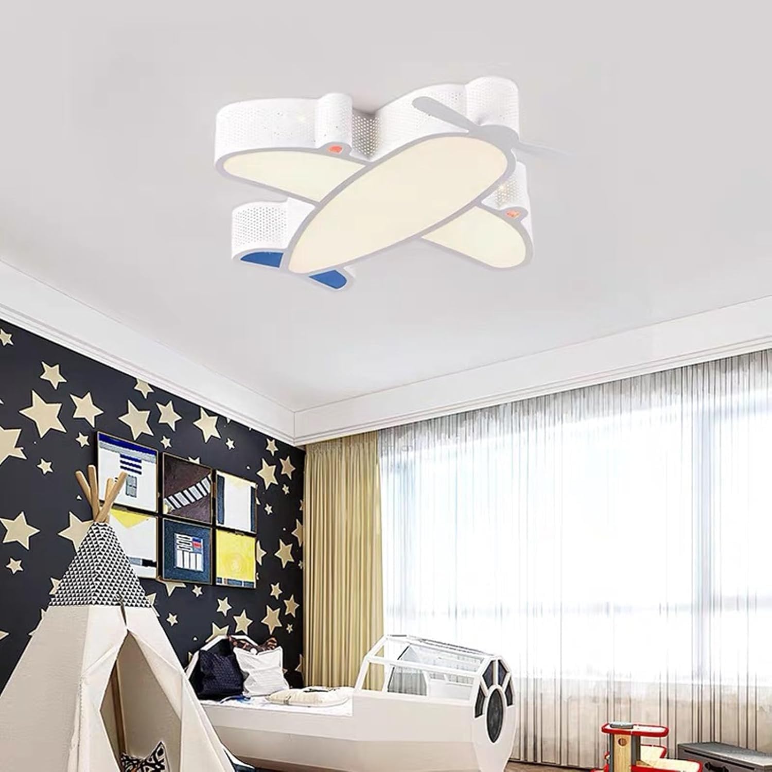 Modern LED Flush Mount Ceiling Light, Creative Airplane Shape Ceiling Lamp with Remote Control 3-Color Dimming Living Room, Bedroom, Children's Room Lighting Fixtures(Blue)