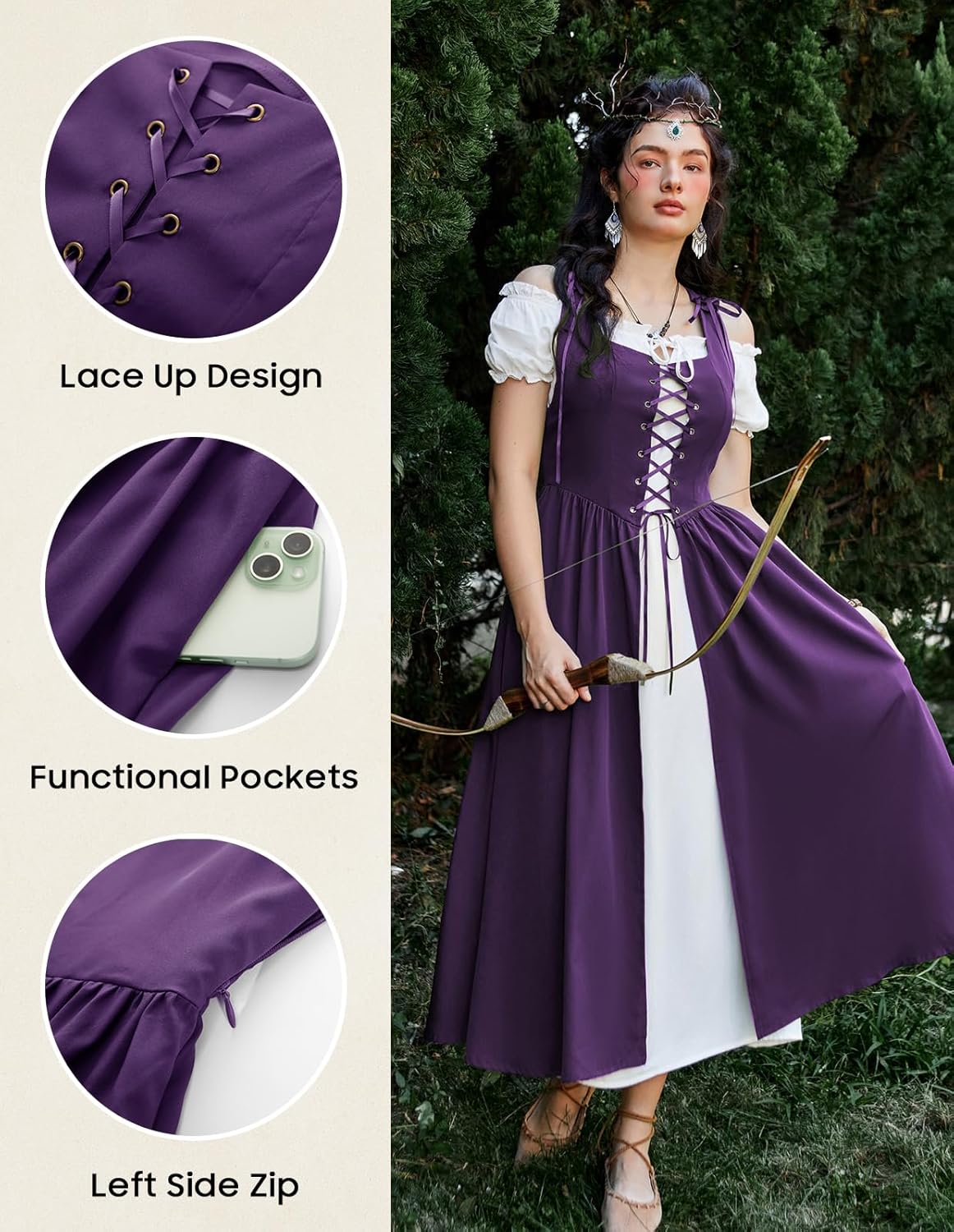 SCARLET DARKNESS Renaissance Costume Women Peasant Medieval Dress Short Sleeve Maxi Fairy Dresses with Pockets - Image 4