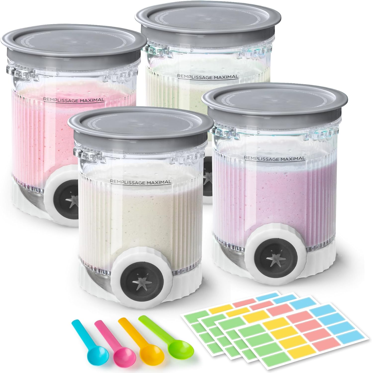 GuanQiao 4 Pack Creami Swirl Pints & Lids for Ninja, Compatible with NC700 Series Ninja Swirl Ice Cream & Soft Serve Makers, with 4 Spoons & 64 Writable Labels, BPA-Free & Dishwasher Safe, Grey Lids