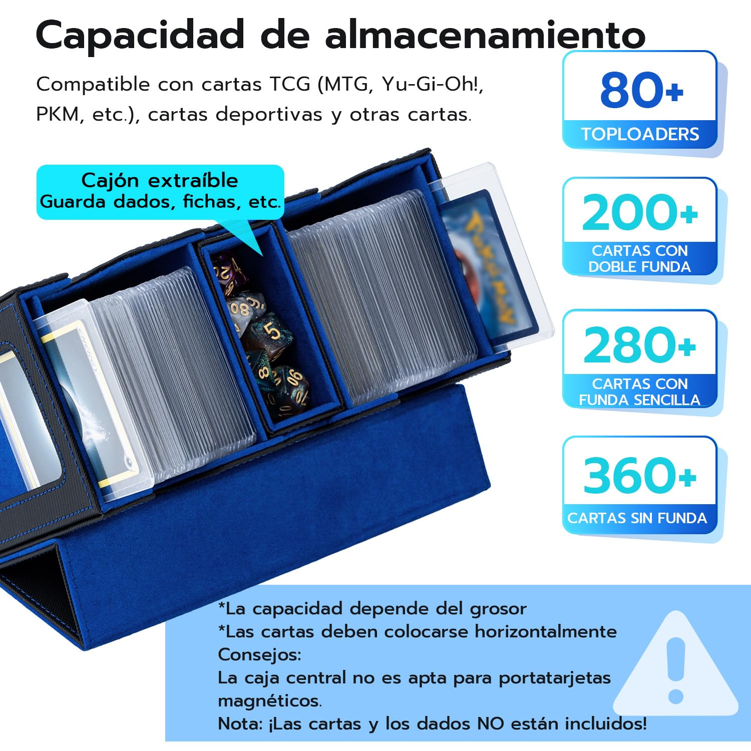 3 en 1 Caja de Cartas para MTG con Compartimiento Dado, 2 Ventanas de Pantalla Lateral, Caja Magnética de Tarjetas Contener 200+ Tarjetas para Cartas de Magic Commander TCG - Negro Azul