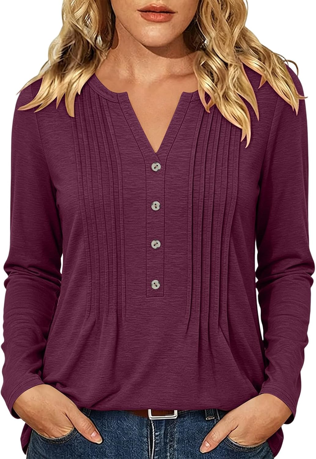 Womens Long Sleeve Shirts Henley V Neck Pleated Tops Blouses | Vertical Pintuck Details, Slimming Henley Tops, Soft Stretchy Fabric, Casual Office Wear, Button Front Blouses