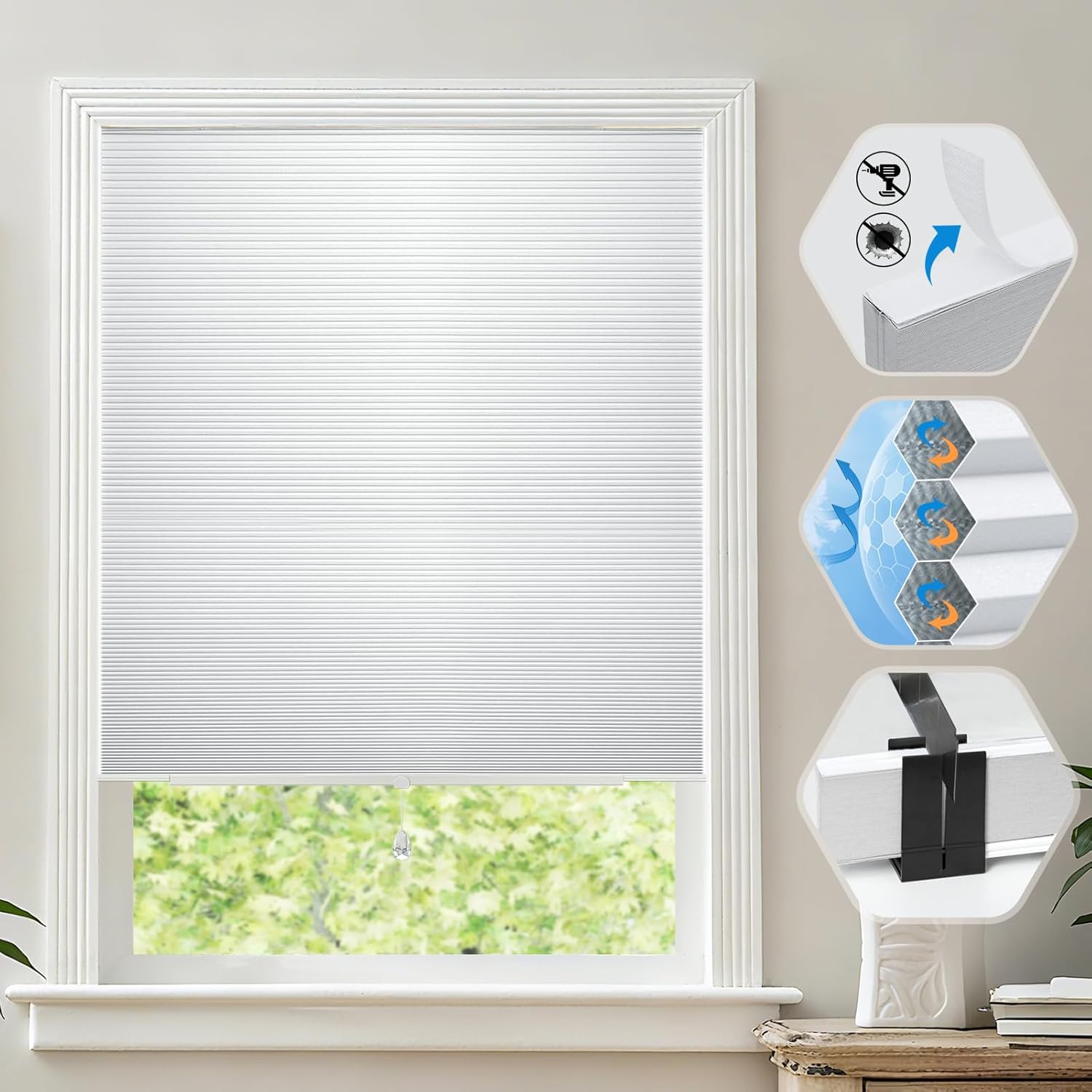 CINONEKO No-Drill No-Tools Cellular Shade Honeycomb Blind for Windows, Blackout Blind for Indoor Windows, Easy to Install Thermal Insulated Noise Reduction Window Shade No-Drill Blind for Windows 100% Blackout White 39"W x 72"H
