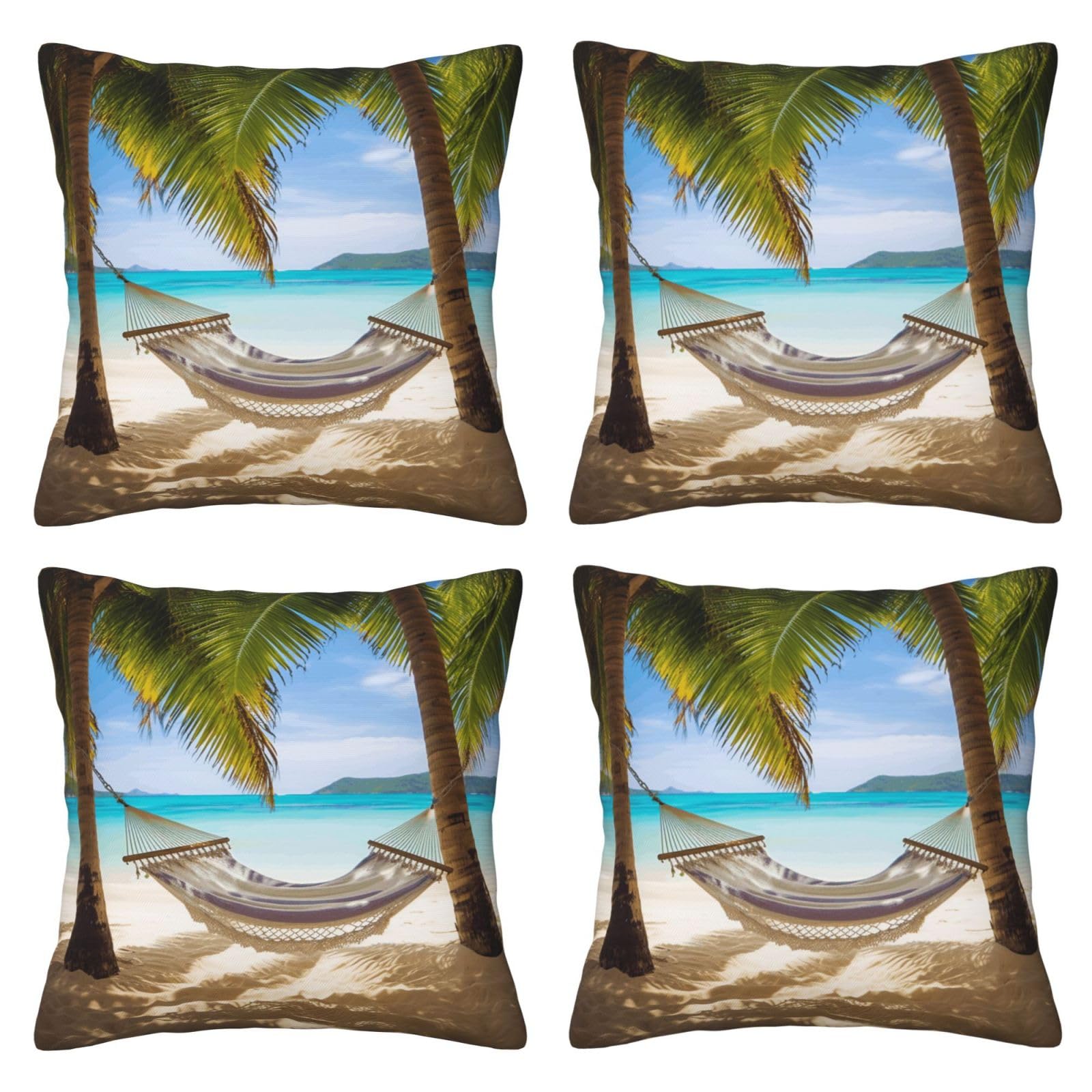 Tropical Beach Hammock Throw Pillow Cases 4 Pack Square Pillowcases Super Soft Pillow Protectors With Zipper for Couch Livingroom Sofa Bed Office Car,50x50 CM