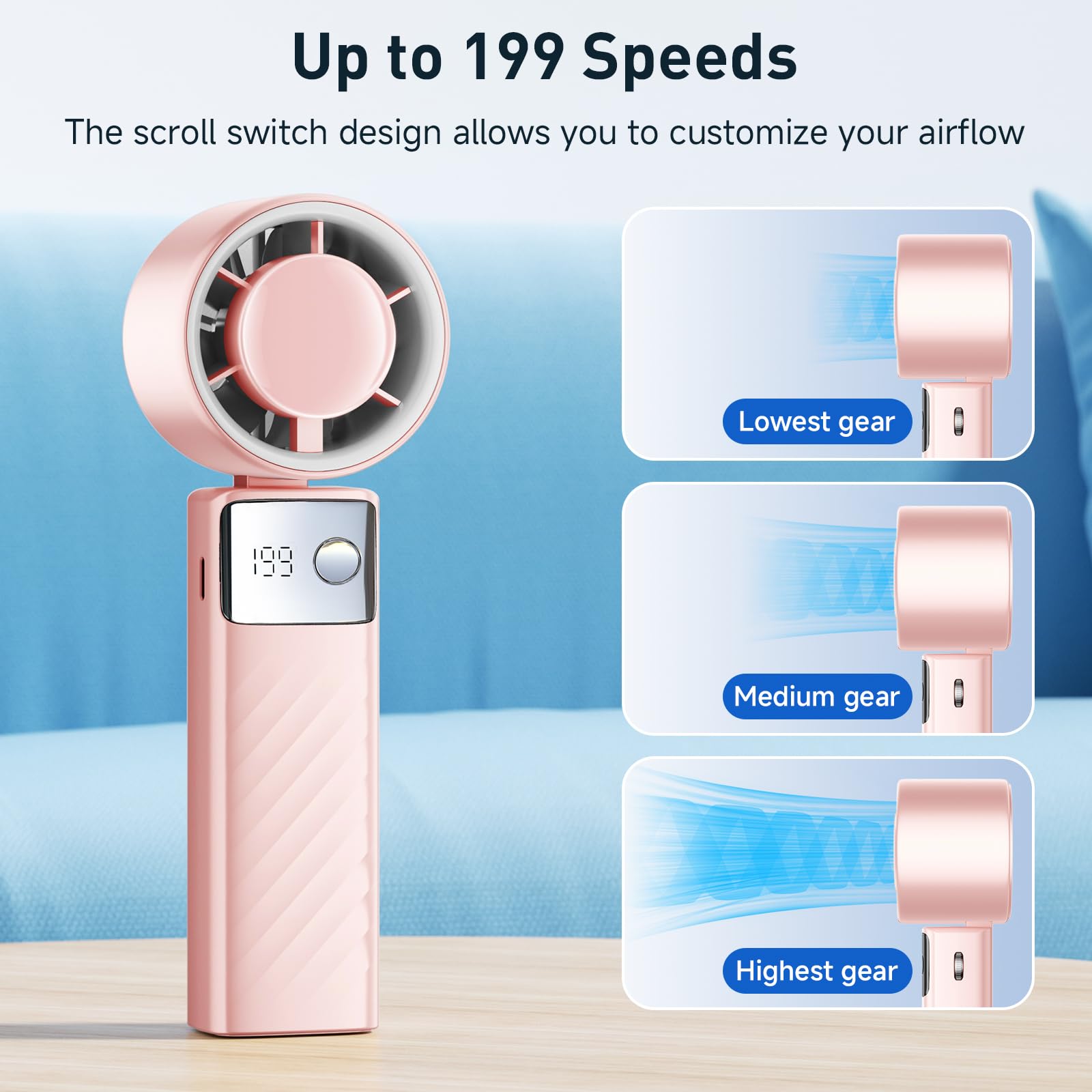 Cslmas Ventilatore portatile, potente ventilatore portatile [20 ore di raffreddamento massimo], mini ventilatore turbo, ventilatore ricaricabile personale a 105°, velocità 1-199, pieghevole, display a