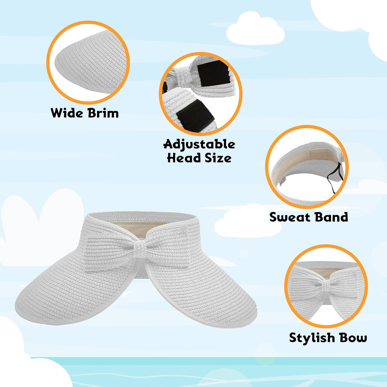 Straw Sun Visor for Women, Wide Brim UPF 50+ Protection Beach Hat, Adjustable, Roll Up Foldable Ponytail Cap with Chin Strap