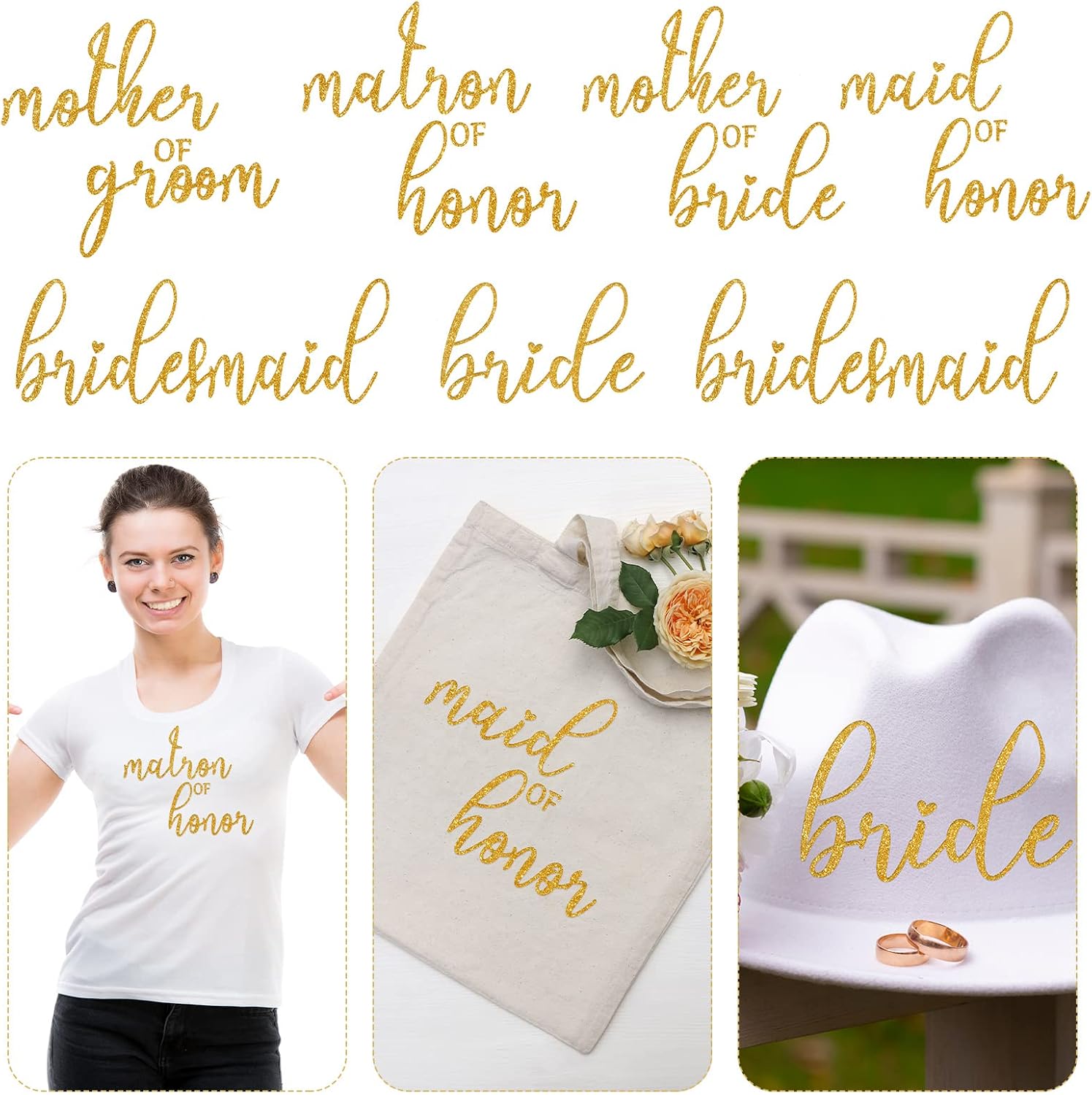 13 Pieces Gold Bride Iron on Heat Transfer Vinyl Set Bridesmaids Iron on Decals Bride Decal for Shirt Maid of Honor Heat Transfer on Vinyl Stickers HTV for Wedding Party Bags Clothes T Shirt