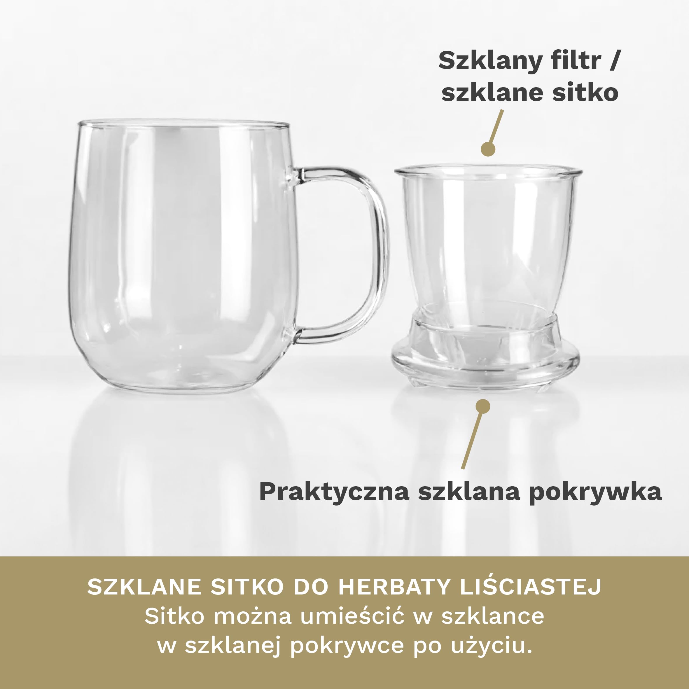 Creano Szklanka Herbaty 450 ml – Duża Filiżanka z Sitkiem i Pokrywką ze Szkła – Idealny Zaparzacz