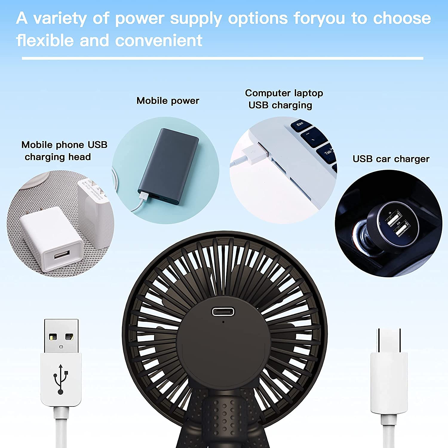 Ventilateur Portable, ventilateur de poussette Clip de trépied flexible sur ventilateur, ventilateur de bureau ultra silencieux rechargeable de type C 1800mAh pour siège de voiture berceau vélo（noir）