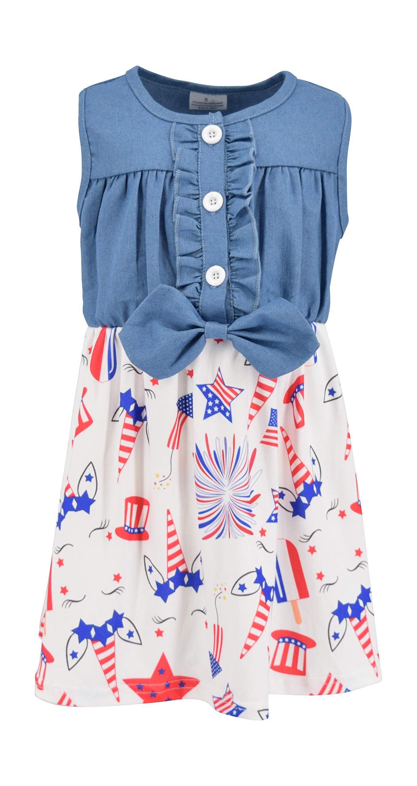 Unique Baby Girls Sleeveless Denim Dress with Knot Tie and Fun Print for Toddler and Big Kids
