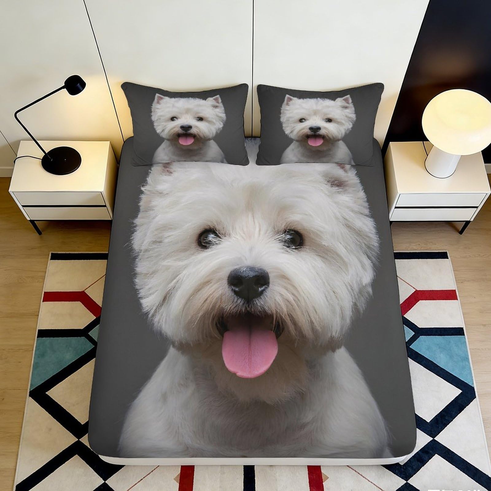 3D Printed White Dog Fitted Sheet Microfiber Soft Bedroom Decor Cute Puppy Mattress Cover for Home Guests 90x200x25cm