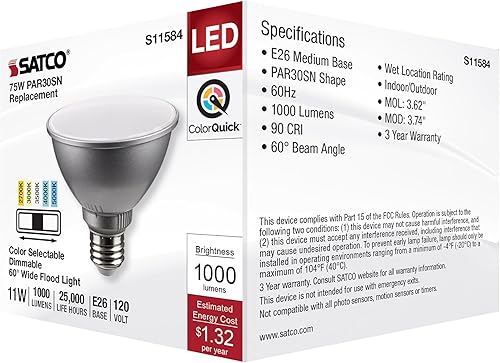 Miniatura 7 de Satco S11584 LED PAR30SN de 11 vatios base media acabado plateado CCT seleccionable 120 voltios ángulo de haz de 60 grados 11PAR30SNLED5CCTWFL120V