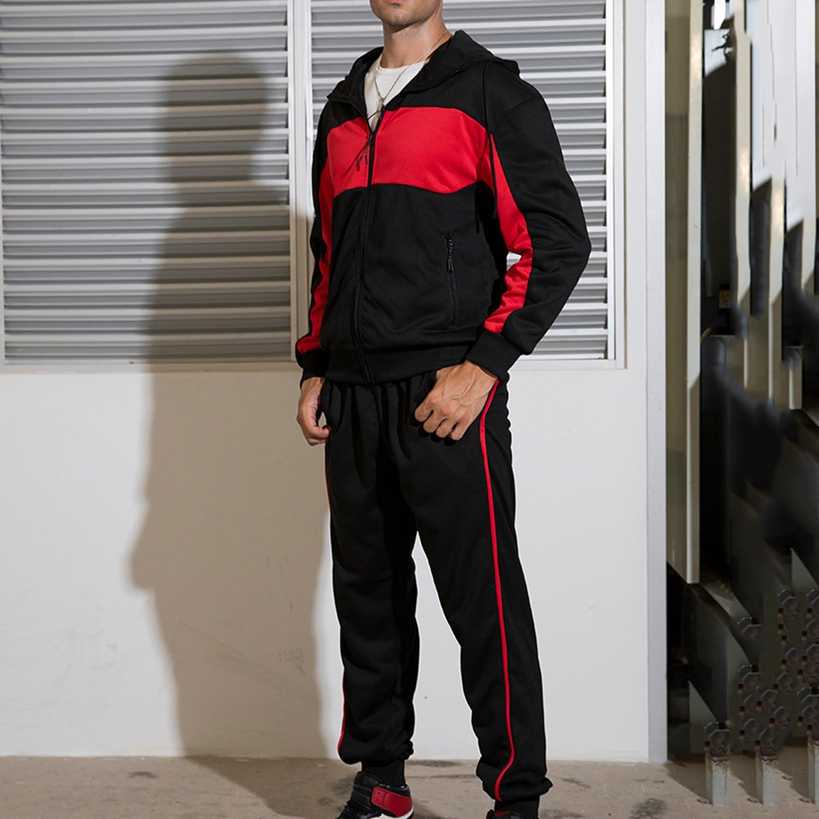 Męskie dresy dresowe, zestaw casualowy, kontrastowy sweter z kapturem, bluza do joggingu, z długim rękawem, kurtka i spodnie, 2 sztuki