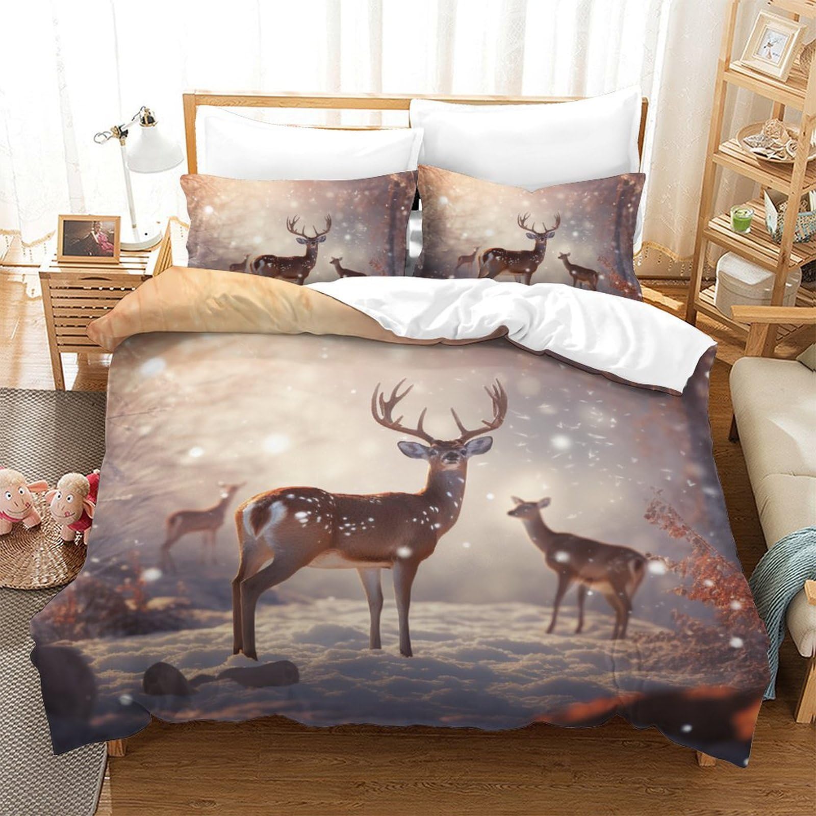 Housse de couette cerf 3D anti-plis en microfibre avec fermeture éclair King