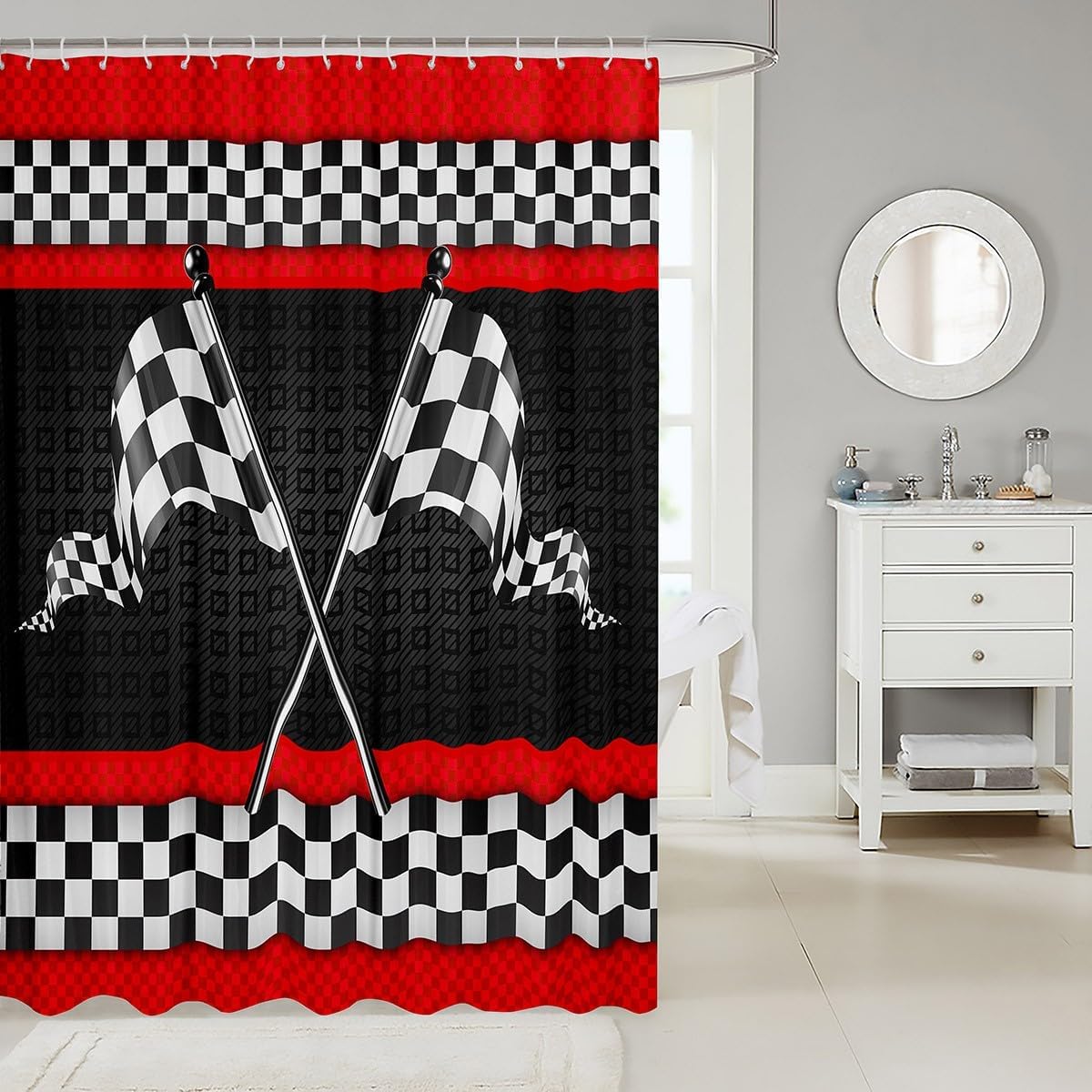Race Car Themed Shower Curtain with Hooks,Black White Checkered Flag Print Room Decor Bath Curtain,Red Stripes Geometric Grid Plaid Bathroom Accessories Waterproof Fabric Panel, 72Wx84L inch