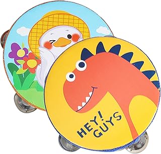 Zuzer Children's Tambourine, 2 Pieces, Wooden Hand Drums, 6 Inch Handheld Tambourine, Tambourine with Bell, Musical Instruments for Children and Babies