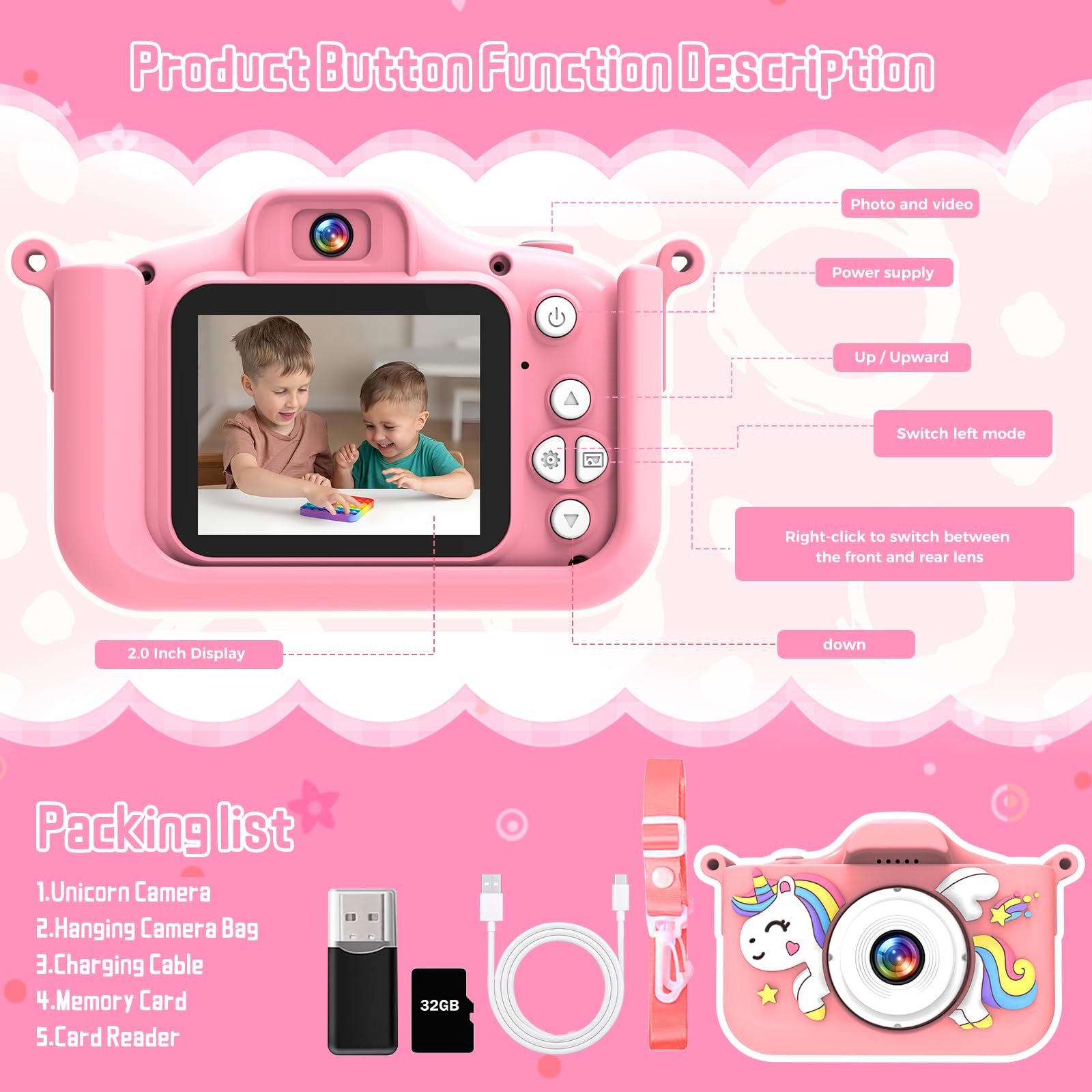 Fotocamera per bambini 1080P con 32GB e giochi - Fotocamera digitale per bambini dai 3 anni in su, fotocamera selfie con custodia in silicone unicorno, funzione di ricarica USB, musica e giochi