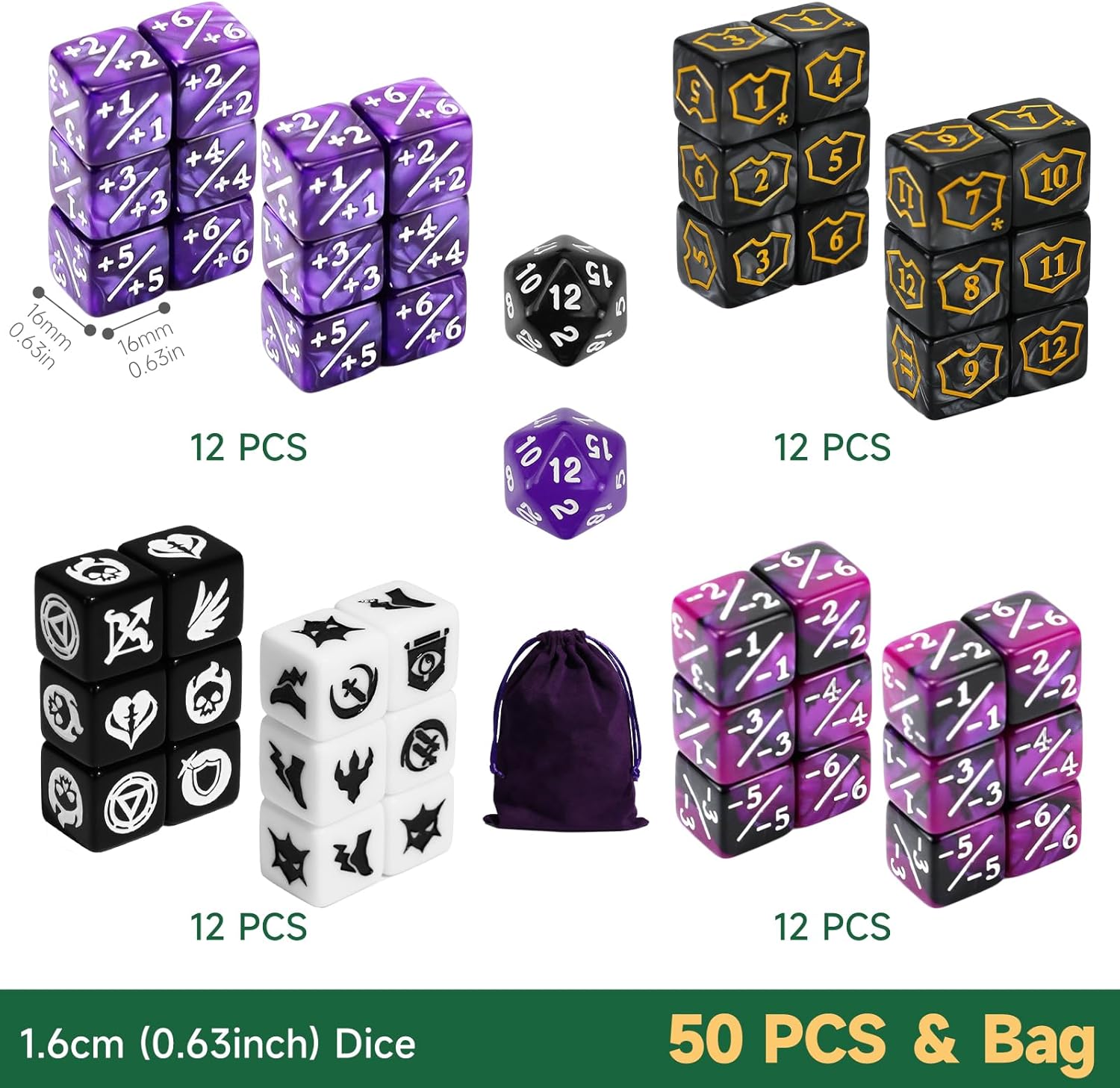 50 Pieces Abilities Keywords Counter Dice Set, MTG Dice +1/+1 Life Counter Creature Stats Buff Tokens, Compatible with MTG, TCG, Magic Card Games Accessories