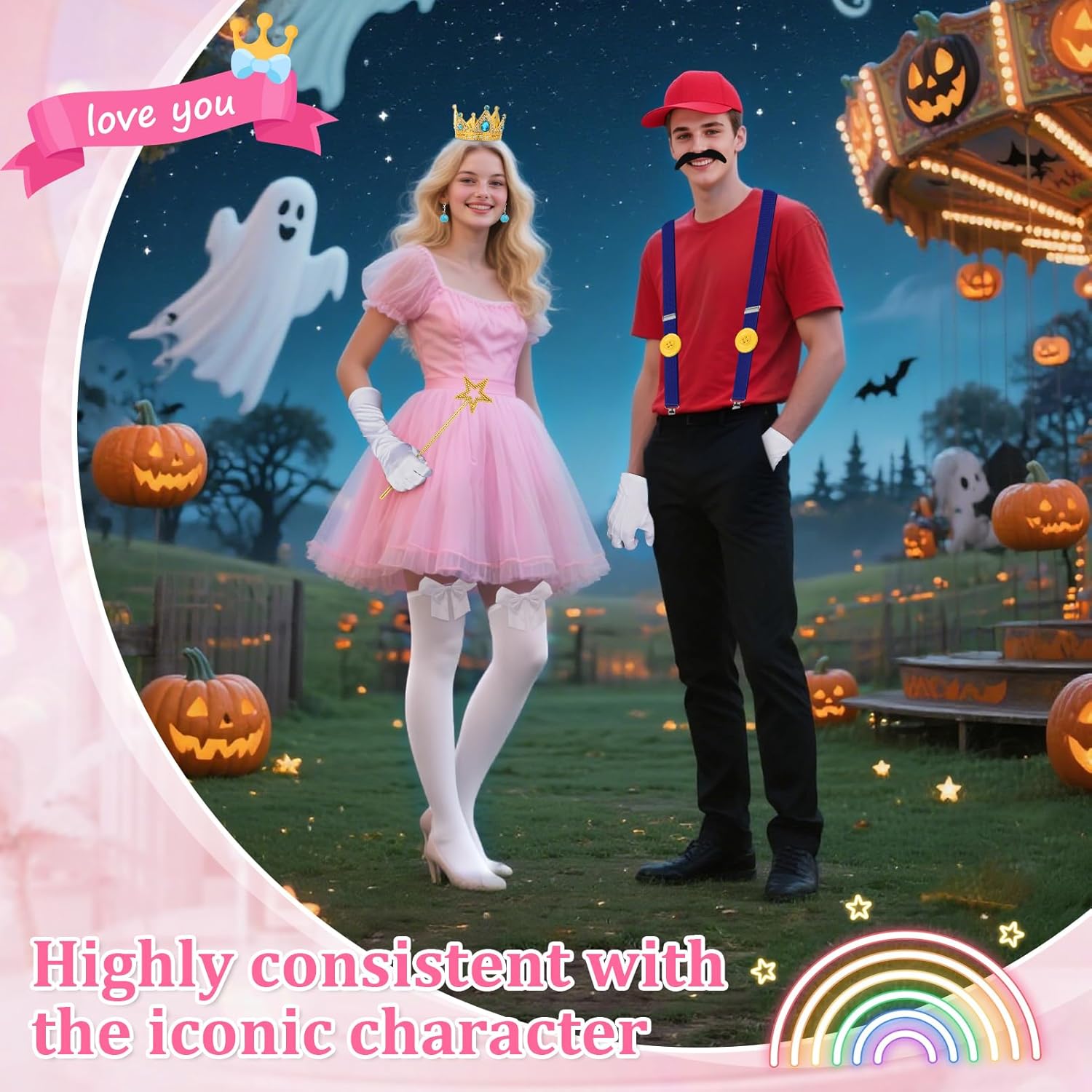 16 Pcs Halloween Couples Costumes Accessories Set for Adults, Funny Hats Gloves Mustaches Mini Gold Crown Wand and Earrings for Halloween Party Cosplay Couples Costumes - Image 6